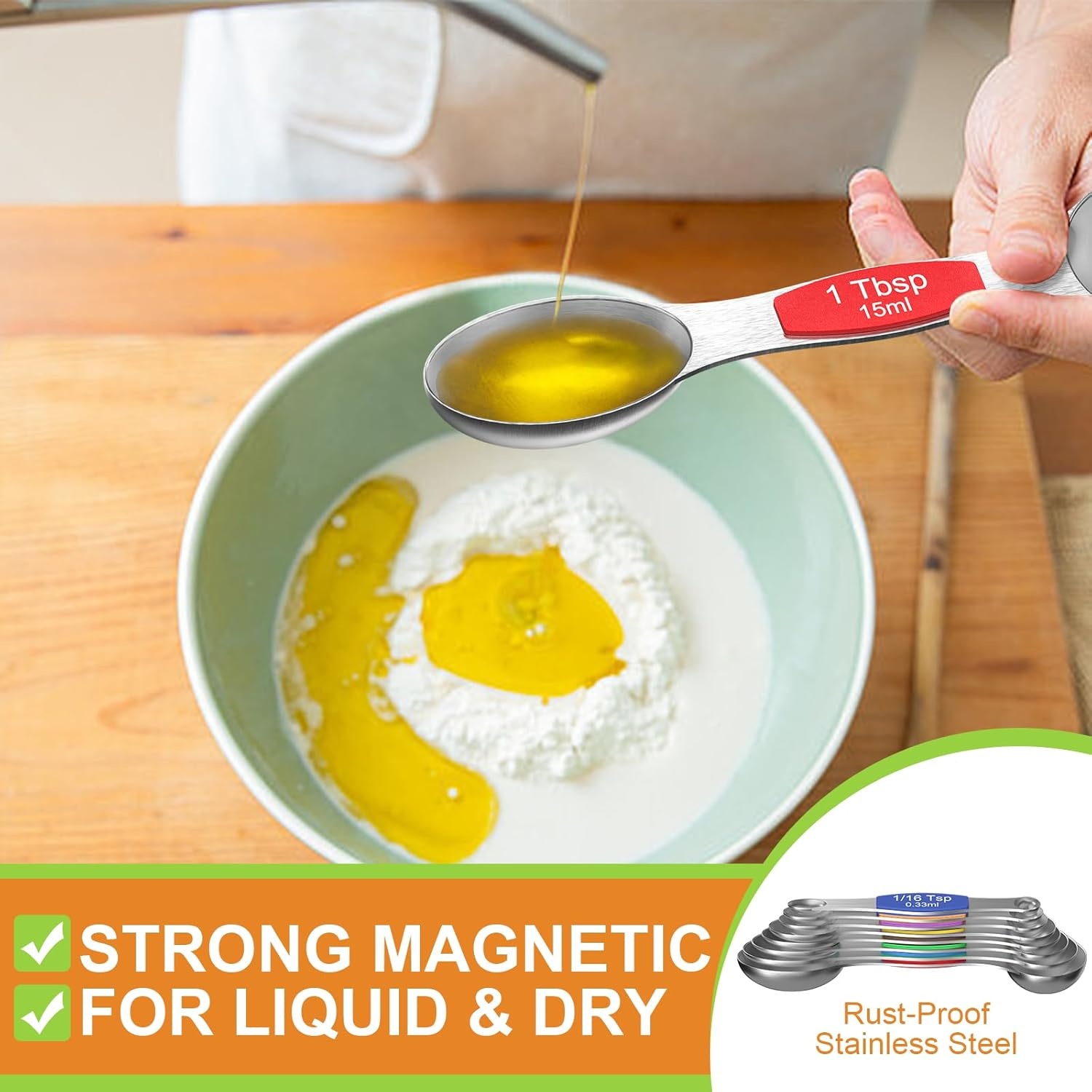 image:imageWildone Stainless Steel Magnetic Measuring Spoons with Strong Magnets 14pc Including 8 Double Sided Magnetic Measuring Spoons Leveler and 5 Mini Spoons for Spice Jar and Liquid Measuring MulticolorMulticolor