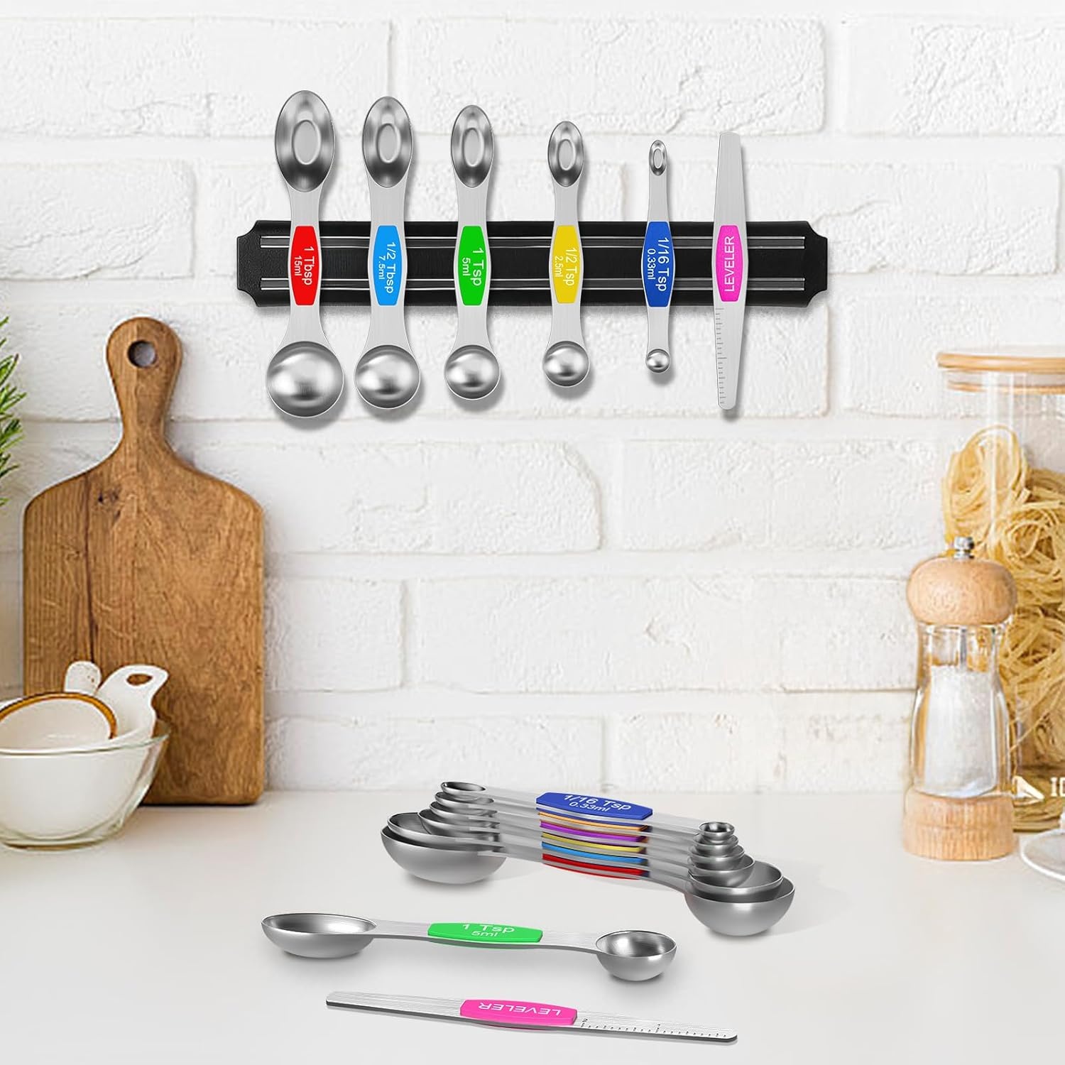 image:imageWildone Stainless Steel Magnetic Measuring Spoons with Strong Magnets 14pc Including 8 Double Sided Magnetic Measuring Spoons Leveler and 5 Mini Spoons for Spice Jar and Liquid Measuring MulticolorMulticolor