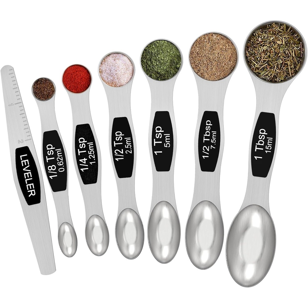 image:imageMagnetic Measuring Spoons Set Wildone Stainless Steel Double Sided Measuring Spoons Set of 7 Black for Dry amp Liquid Ingredients Including 6 Heavy Duty Nesting Spoons 1 Leveler Fits in Spice Jar