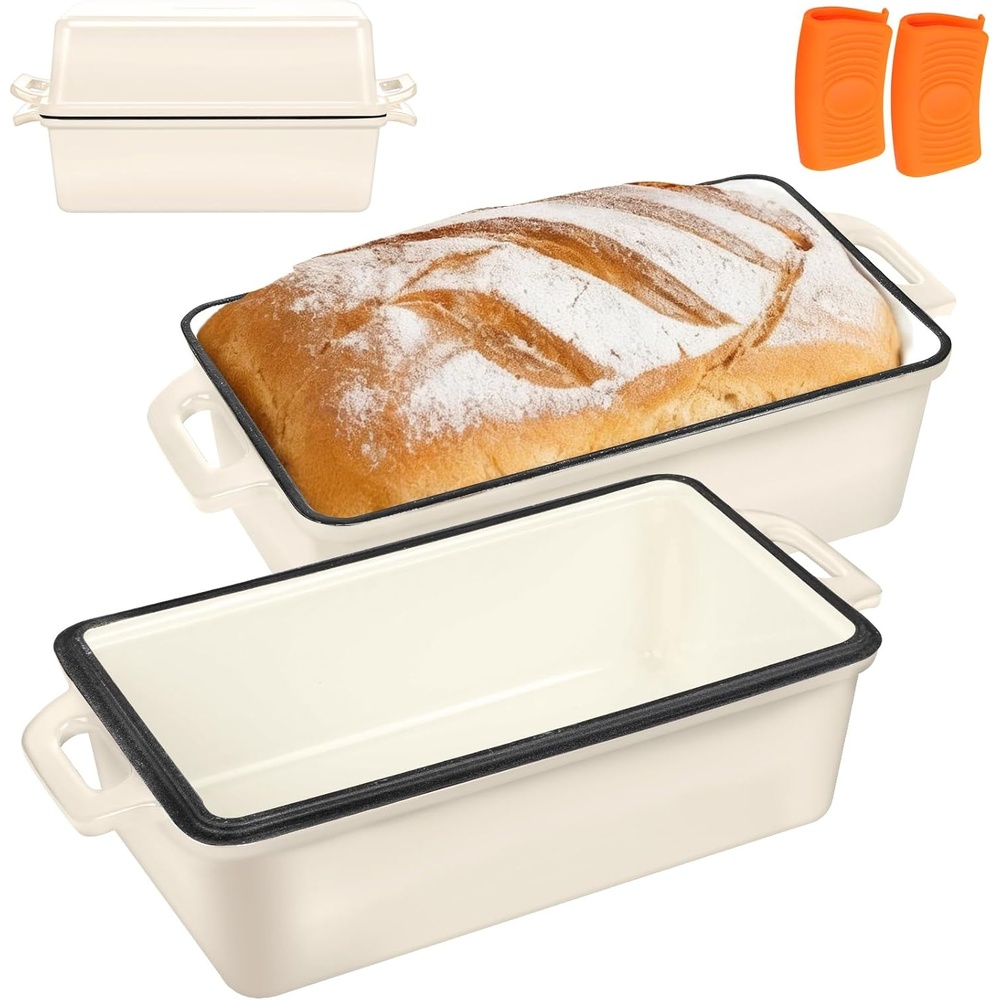 image:imageWildone 2 in 1 Enameled Cast Iron Bread Pan with Lid 9x5 Loaf Pans for Homemade Sourdough Bread Cake Meatloaf Even Heating Bread Dutch Oven Cream WhiteCream White