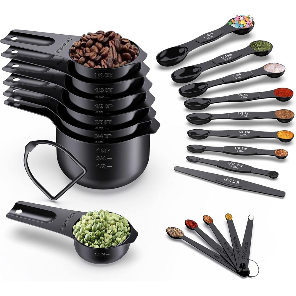 image:imageWildone 21 Piece Black Measuring Cups amp Spoons Includes 7 Stainless Steel Measuring Cups 8 Double Sided Measuring Spoons 1 Leveler amp 5 Mini SpoonsBlack