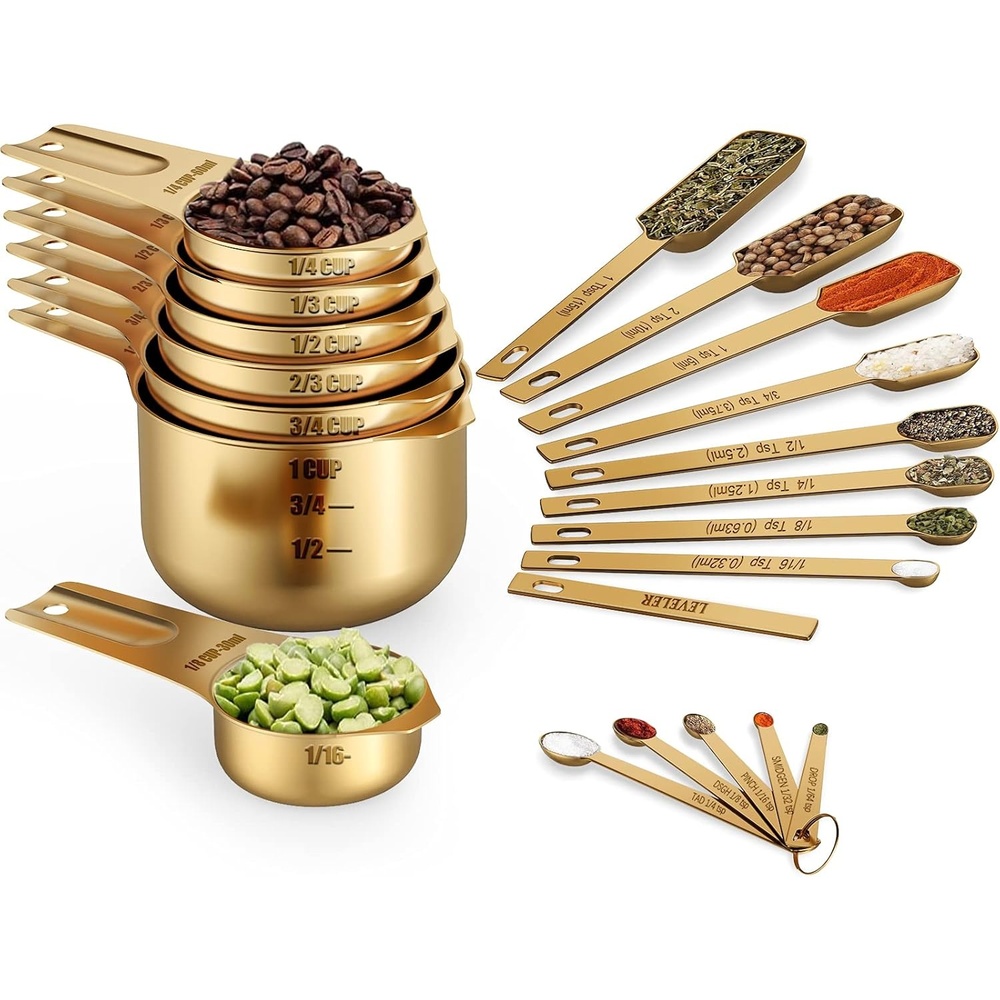 image:imageWildone Black Measuring Cups amp Spoons Set of 21 Includes 7 Stainless Steel Nesting Measuring Cups 8 Measuring Spoons 1 Leveler amp 5 Mini Measuring Spoons Ideal for Dry amp Liquid IngredientsCopper