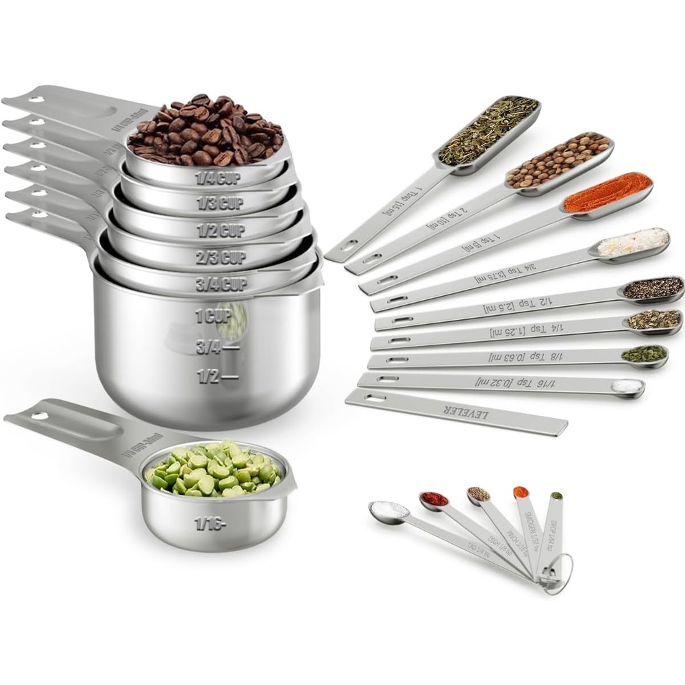 image:imageWildone Black Measuring Cups amp Spoons Set of 21 Includes 7 Stainless Steel Nesting Measuring Cups 8 Measuring Spoons 1 Leveler amp 5 Mini Measuring Spoons Ideal for Dry amp Liquid IngredientsSilver