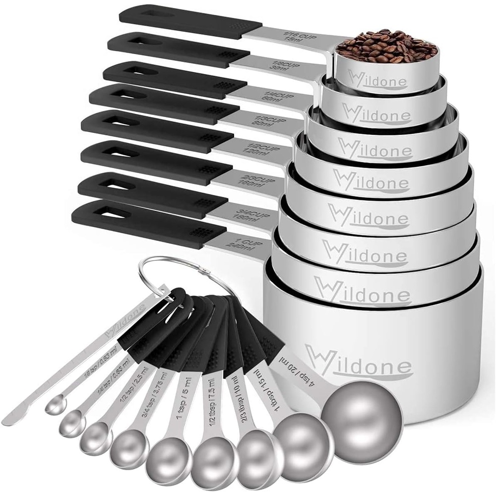 image:imageWildone Measuring Cups amp Spoons Set of 18 Includes 8 Stainless Steel Nesting Measuring Cups 9 Measuring Spoons 1 Leveler Ideal for Dry and Liquid Ingredients Stainless Steel Kitchen Gadgets for Cooking amp Baking Heavy Duty for Measuring DryLiquid Ingredients MulticolorBlack
