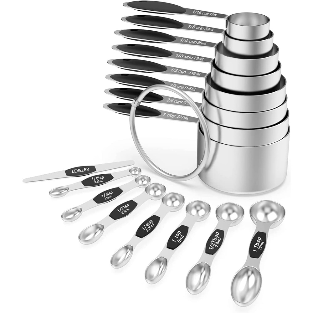 image:imageWildone Measuring Cups and Magnetic Measuring Spoons Set 16Pcs 8 Stainless Measuring Cups 7 Doublesided Magnetic Measuring Spoons amp leveler for Spice Jar and Liquid Measuring BlackBlack