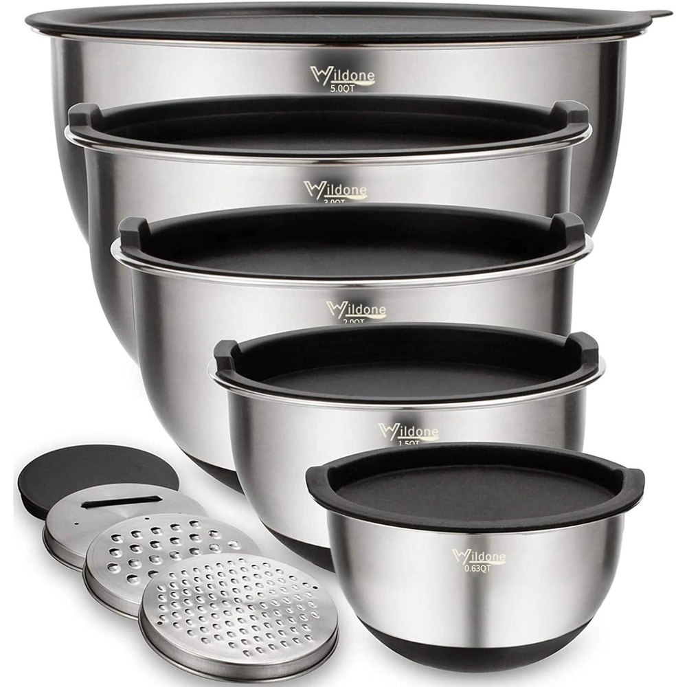 image:imageWildone Mixing Bowls with Airtight Lids Set 5PCS Stainless Steel Khaki Nesting Bowls for Kitchen with Grater Attachments amp NonSlip Bottoms Size 5 3 2 15 063 QT Great for Mixing amp ServingBlack