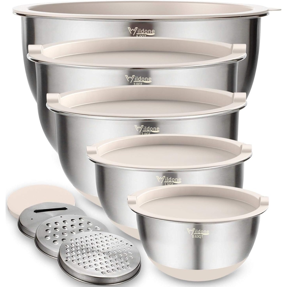 image:imageWildone Mixing Bowls with Airtight Lids Set 5PCS Stainless Steel Khaki Nesting Bowls for Kitchen with Grater Attachments amp NonSlip Bottoms Size 5 3 2 15 063 QT Great for Mixing amp ServingKhaki