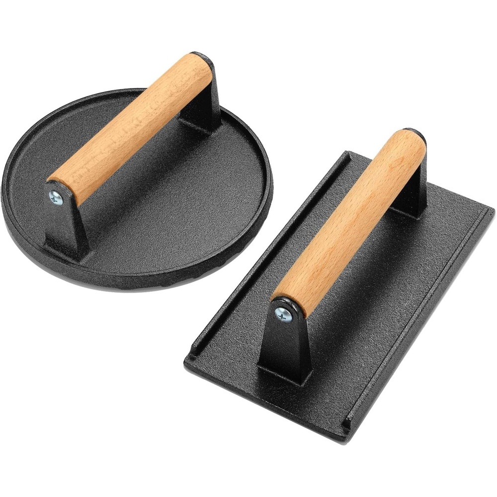 image:imageWildone Smash Burger Press Round Cast Iron Grill Press Burger Smasher for Griddle Rectangular Bacon Press Meat Steak Press Sandwich Press with Wood Handle 4Pcs2