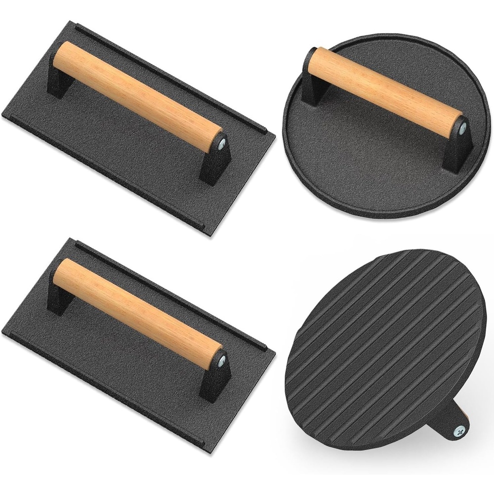 image:imageWildone Smash Burger Press Round Cast Iron Grill Press Burger Smasher for Griddle Rectangular Bacon Press Meat Steak Press Sandwich Press with Wood Handle 4Pcs1