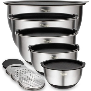 image:imageWildone Mixing Bowls with Airtight Lids Set 5PCS Stainless Steel Khaki Nesting Bowls for Kitchen with Grater Attachments amp NonSlip Bottoms Size 5 3 2 15 063 QT Great for Mixing amp ServingBlack