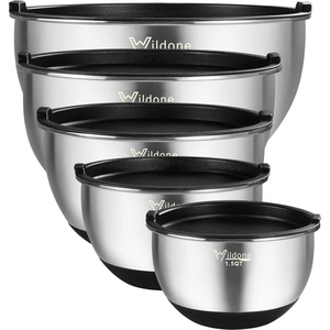 image:imageWildone Mixing Bowls with Airtight Lids Stainless Steel Nesting Mixing Bowls Set of 5 with Nonslip Silicone Bottoms Size 8 5 3 2 15 QT Stackable Design Great for Mixing and PreppingBlack Silver