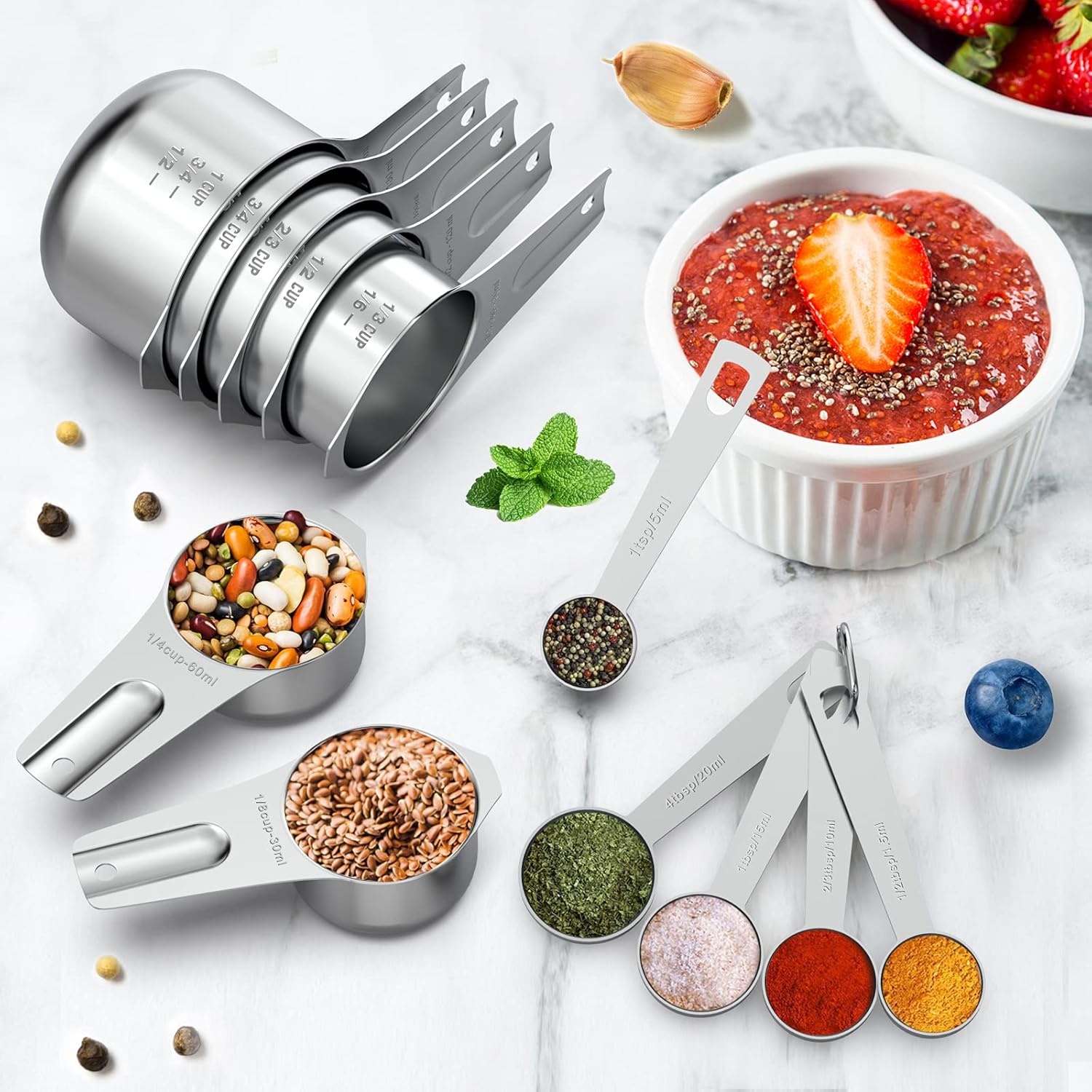 image:image21 Pcs Stainless Steel Measuring Cups and Spoons Set Wildone Stackable Metal Measuring Cups and Spoons for Cooking amp Baking Includes 7 Cups 9 Spoons and 5 Mini SpoonsSilver
