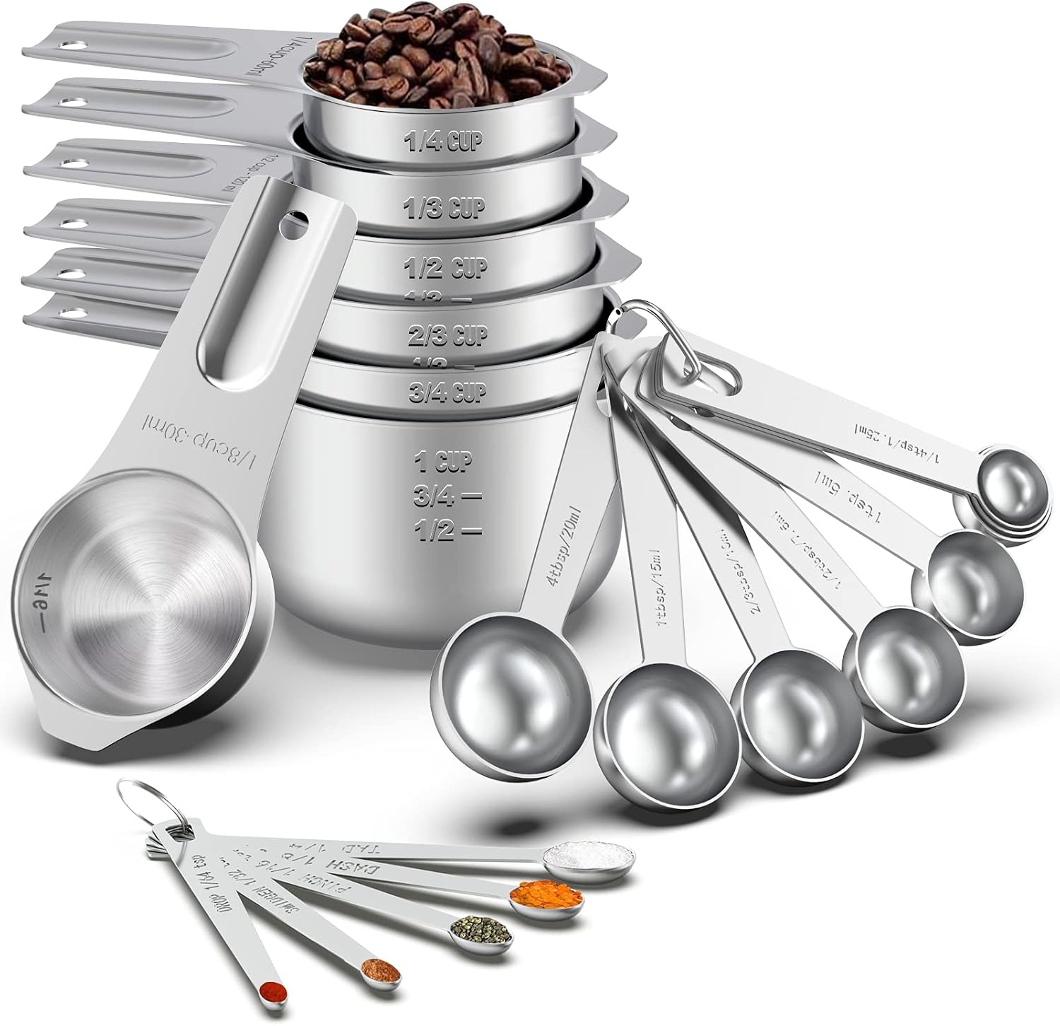 image:image21 Pcs Stainless Steel Measuring Cups and Spoons Set Wildone Stackable Metal Measuring Cups and Spoons for Cooking amp Baking Includes 7 Cups 9 Spoons and 5 Mini SpoonsSilver