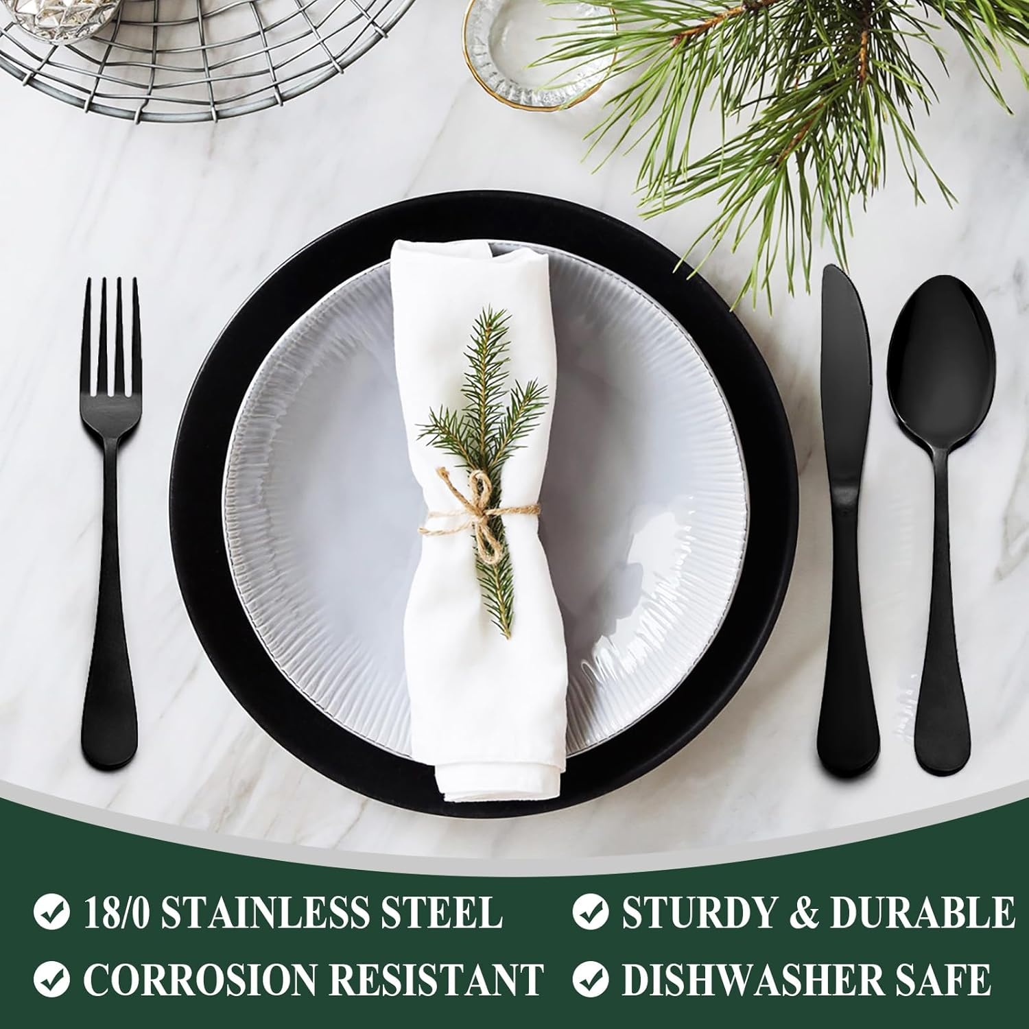 image:image40Piece Silverware Set Wildone Stainless Steel Flatware Set Service for 8 Include KnifeForkSpoon Mirror Polished Dishwasher SafeBlack