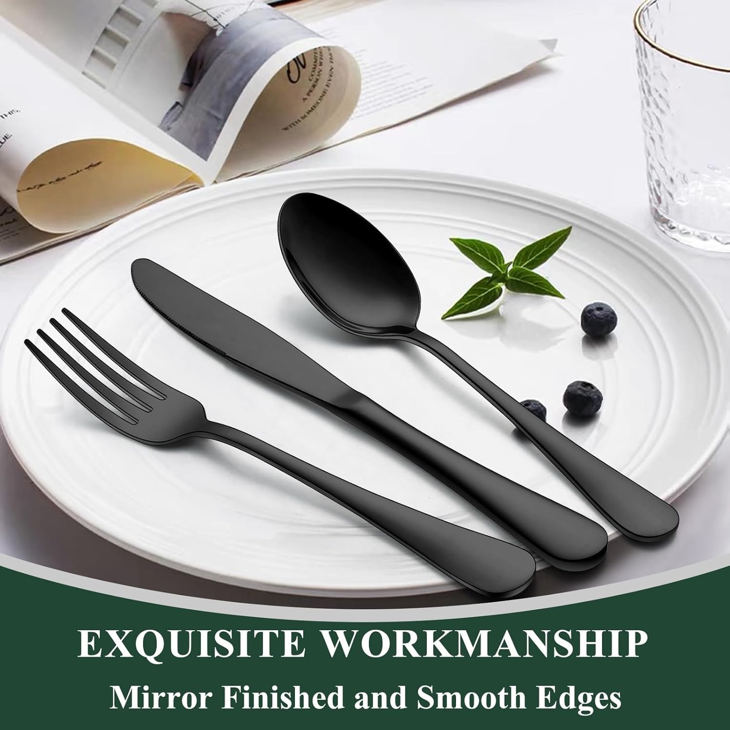 image:image40Piece Silverware Set Wildone Stainless Steel Flatware Set Service for 8 Include KnifeForkSpoon Mirror Polished Dishwasher SafeBlack