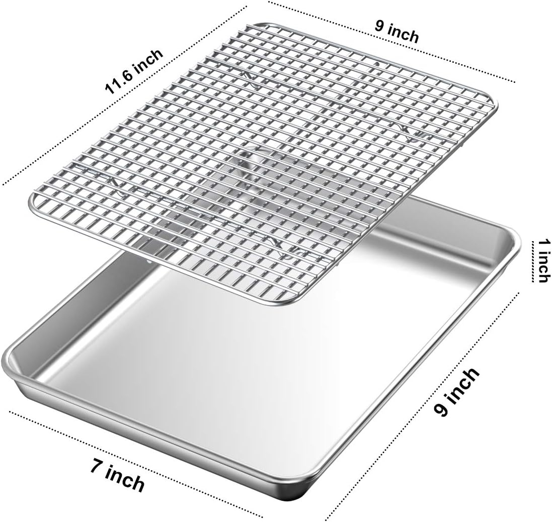 image:imageBaking Sheet with Rack Set 2 Pans 2 Racks Wildone Stainless Steel Cookie Sheet Baking Pan Tray with Cooling Rack Size 9 x 7 x 1 Inch Non Toxic amp Heavy Duty amp Easy Clean12 x 10 x 1 inch