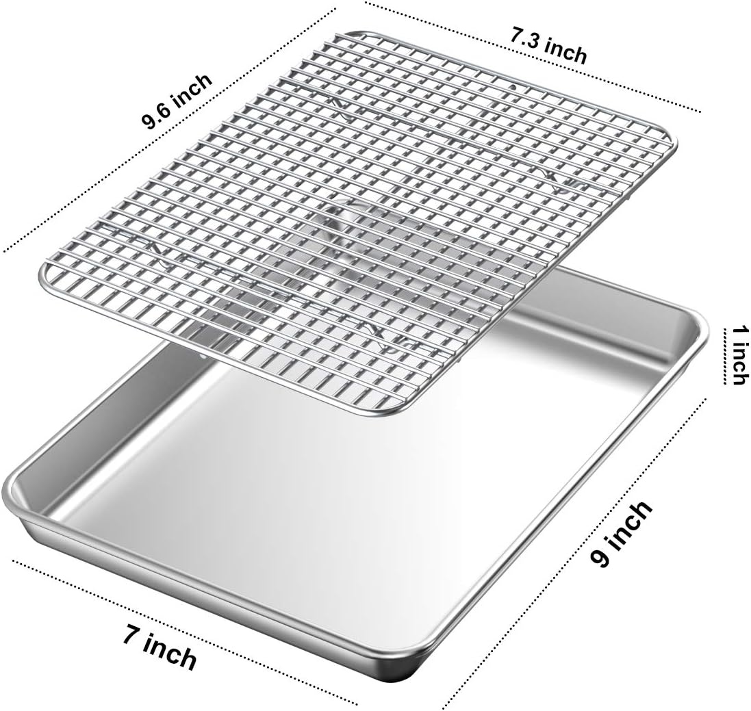 image:imageBaking Sheet with Rack Set 2 Pans 2 Racks Wildone Stainless Steel Cookie Sheet Baking Pan Tray with Cooling Rack Size 9 x 7 x 1 Inch Non Toxic amp Heavy Duty amp Easy Clean10 x 8 x 1 inch