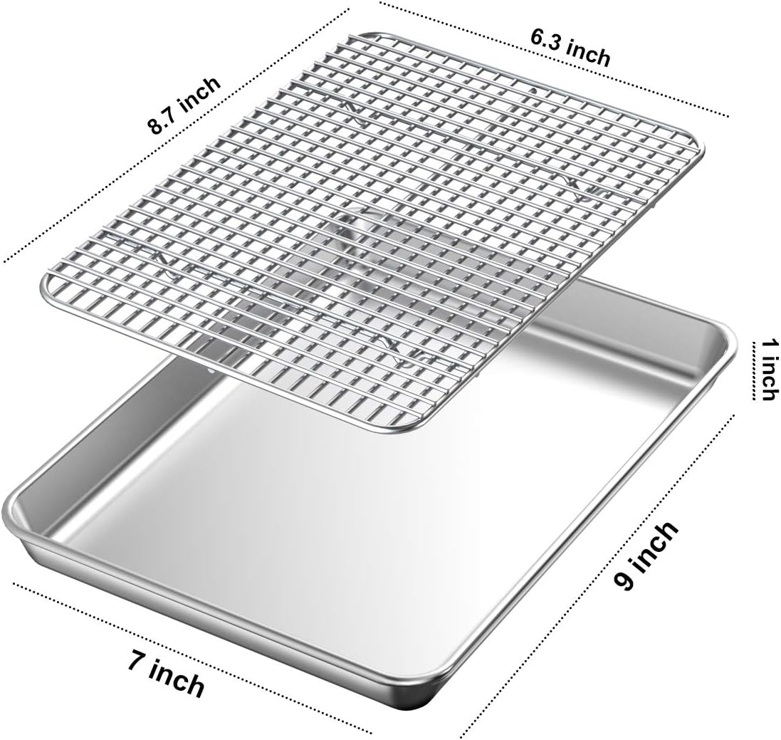 image:imageBaking Sheet with Rack Set 2 Pans 2 Racks Wildone Stainless Steel Cookie Sheet Baking Pan Tray with Cooling Rack Size 9 x 7 x 1 Inch Non Toxic amp Heavy Duty amp Easy Clean9 x 7 x 1 inch