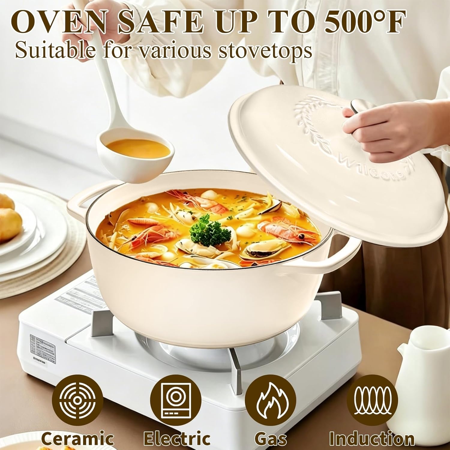image:imageEnameled Cast Iron Dutch Oven Pot with Lid Wildone 6QT Dutch Oven for Bread Baking Braising Stews Roasting Across All Cooktops Oven Safe up to 500 F Cream WhiteCream White