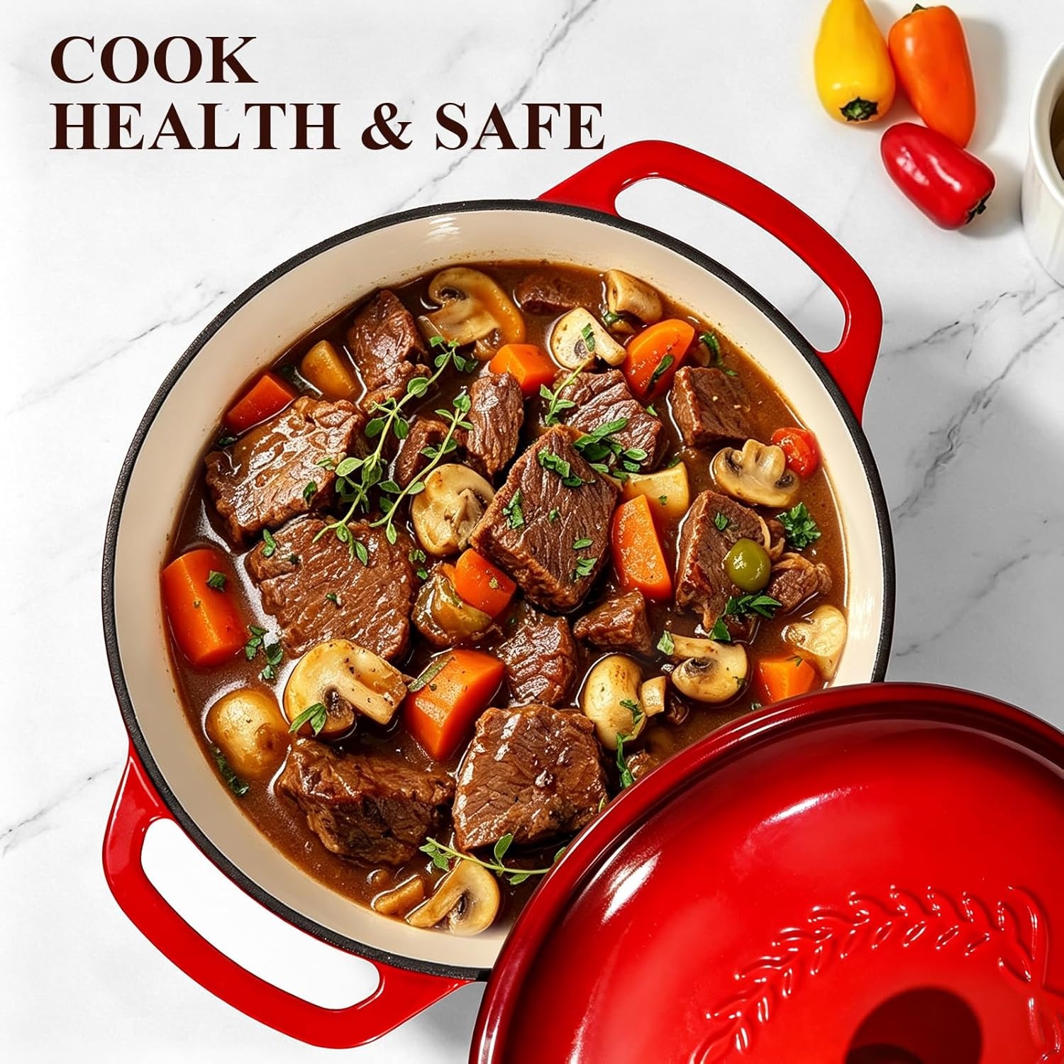 image:imageEnameled Cast Iron Dutch Oven Pot with Lid Wildone 6QT Dutch Oven for Bread Baking Braising Stews Roasting Across All Cooktops Oven Safe up to 500 F Cream WhiteRed