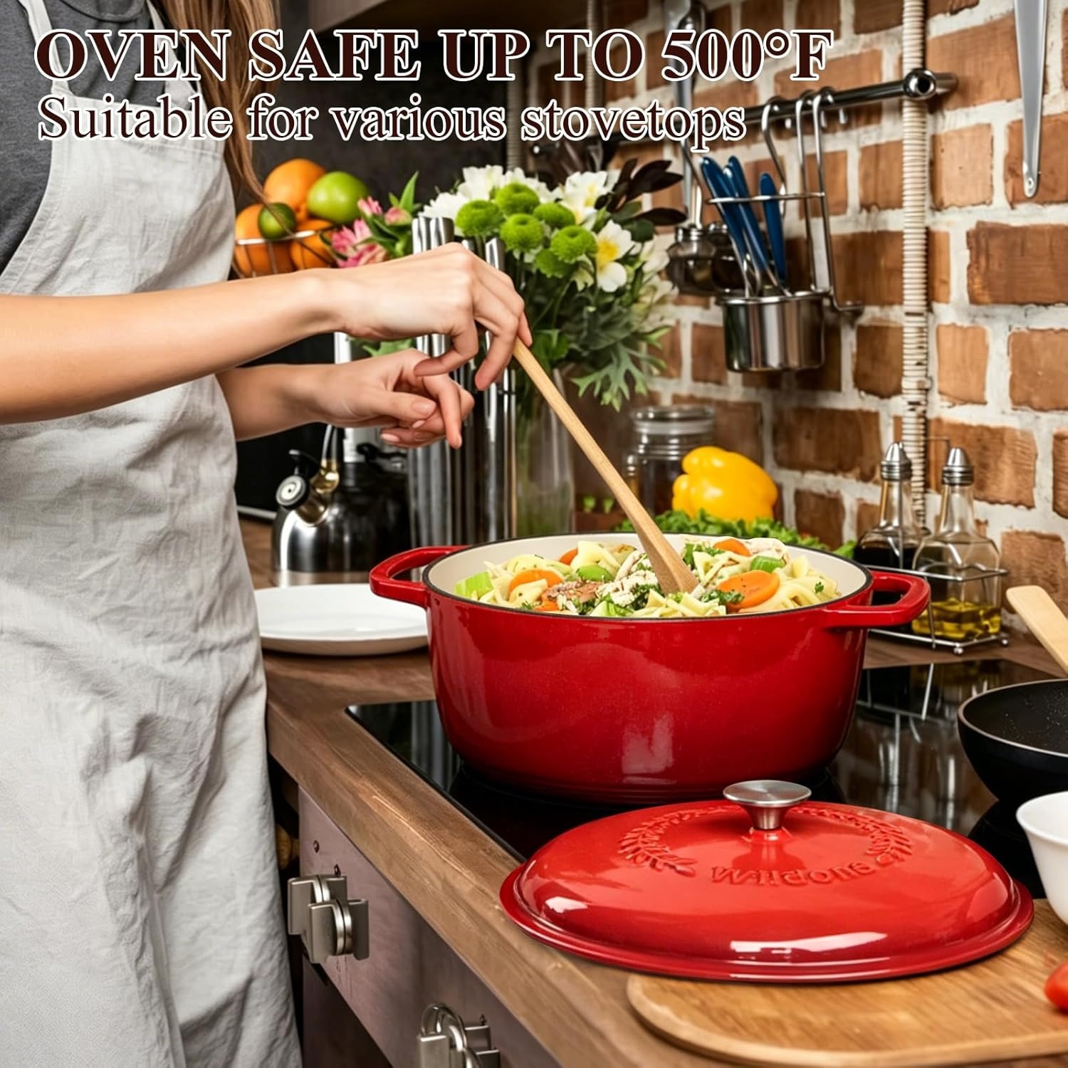 image:imageEnameled Cast Iron Dutch Oven Pot with Lid Wildone 6QT Dutch Oven for Bread Baking Braising Stews Roasting Across All Cooktops Oven Safe up to 500 F Cream WhiteRed