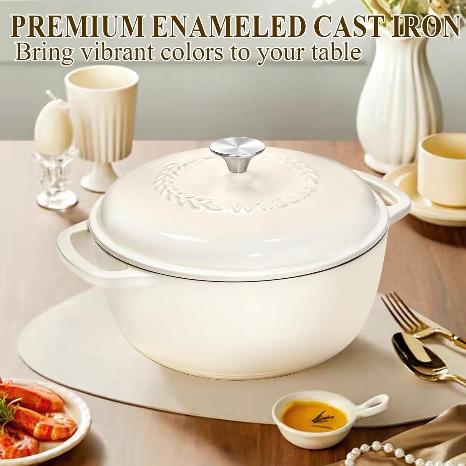 image:imageEnameled Cast Iron Dutch Oven Pot with Lid Wildone 6QT Dutch Oven for Bread Baking Braising Stews Roasting Across All Cooktops Oven Safe up to 500 F Cream WhiteCream White