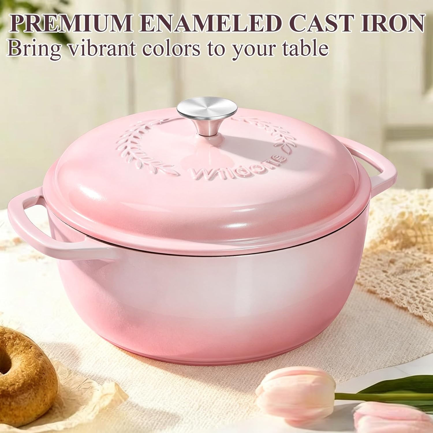 image:imageEnameled Cast Iron Dutch Oven Pot with Lid Wildone 6QT Dutch Oven for Bread Baking Braising Stews Roasting Across All Cooktops Oven Safe up to 500 F Cream WhitePink