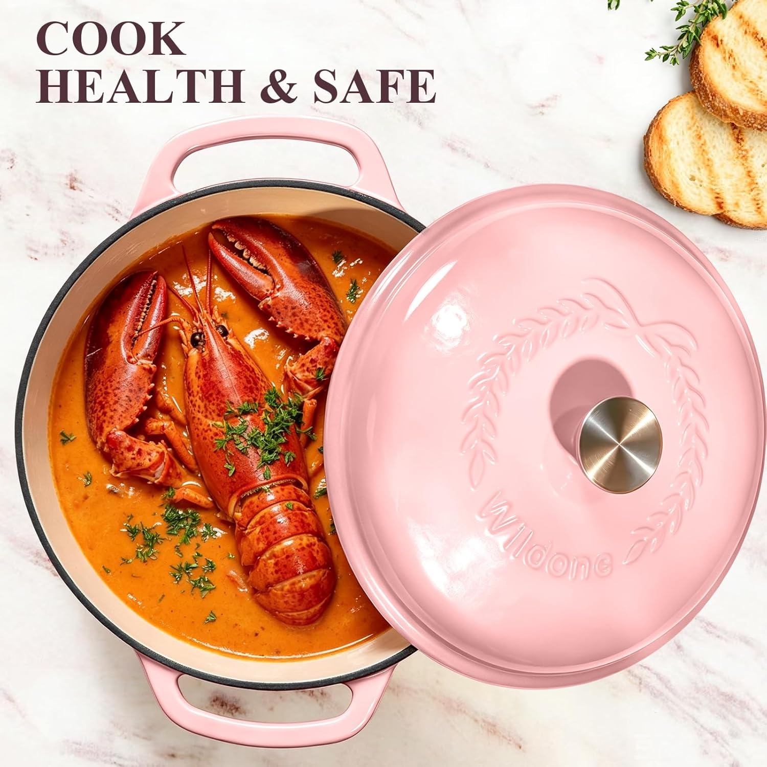 image:imageEnameled Cast Iron Dutch Oven Pot with Lid Wildone 6QT Dutch Oven for Bread Baking Braising Stews Roasting Across All Cooktops Oven Safe up to 500 F Cream WhitePink