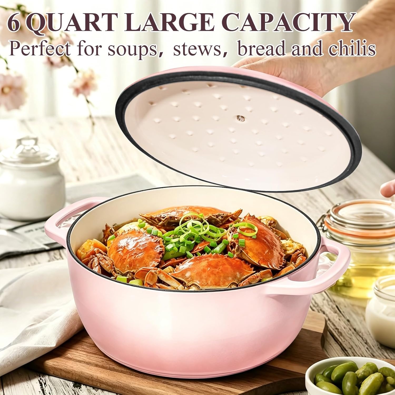 image:imageEnameled Cast Iron Dutch Oven Pot with Lid Wildone 6QT Dutch Oven for Bread Baking Braising Stews Roasting Across All Cooktops Oven Safe up to 500 F Cream WhitePink