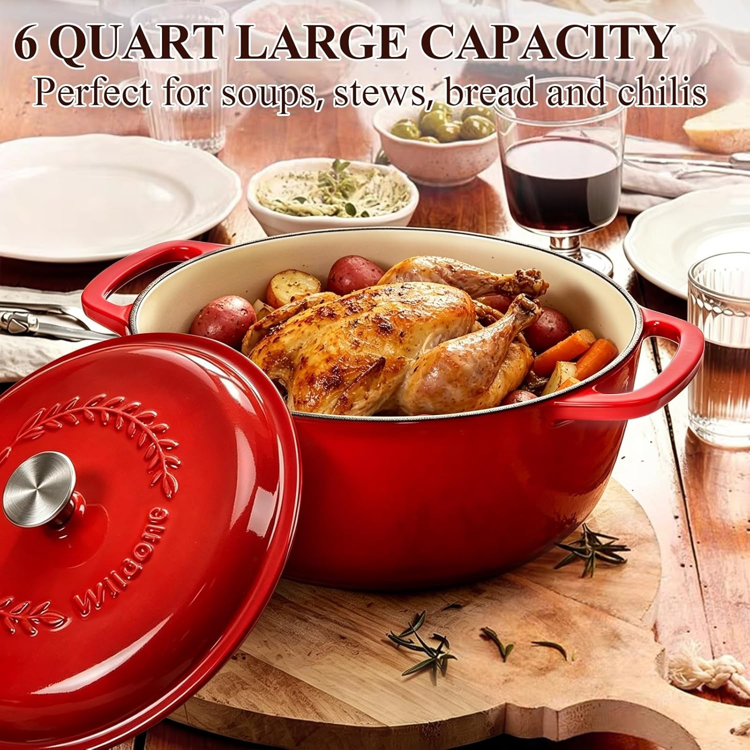 image:imageEnameled Cast Iron Dutch Oven Pot with Lid Wildone 6QT Dutch Oven for Bread Baking Braising Stews Roasting Across All Cooktops Oven Safe up to 500 F Cream WhiteRed