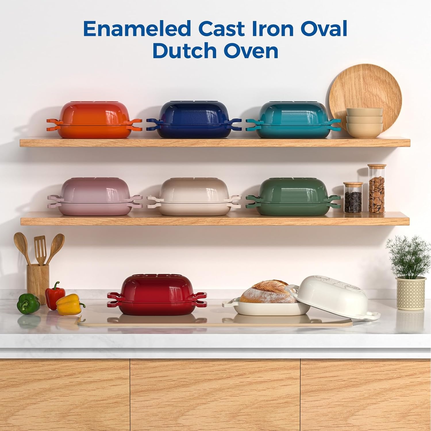 image:imageEnameled Cast Iron Dutch Oven Pot with Lid Wildone 55QT Bread Oven for Homemade Sourdough Bread Baking with Cotton Potholders Oven Safe up to 500F BlueBlue