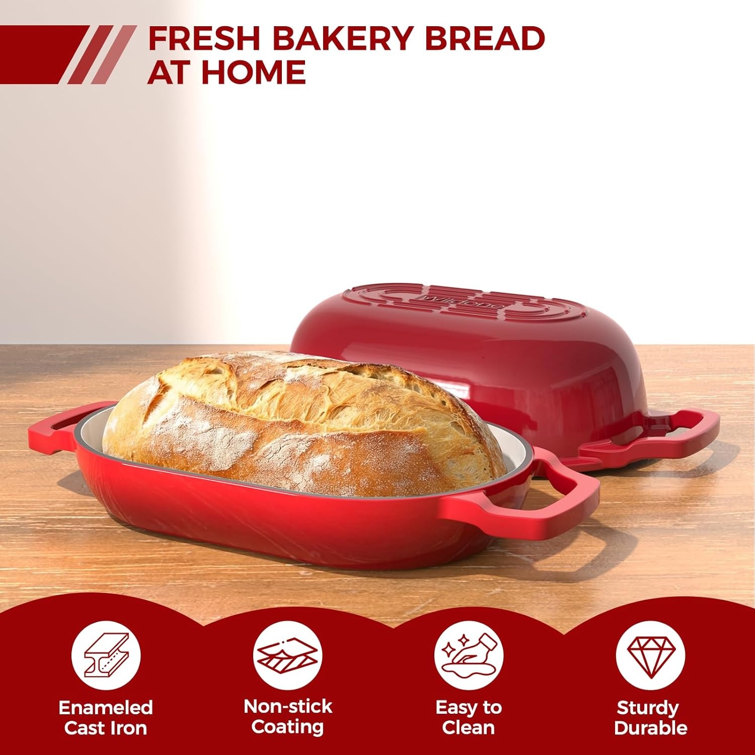 image:imageEnameled Cast Iron Dutch Oven Pot with Lid Wildone 55QT Bread Oven for Homemade Sourdough Bread Baking with Cotton Potholders Oven Safe up to 500F BlueRed