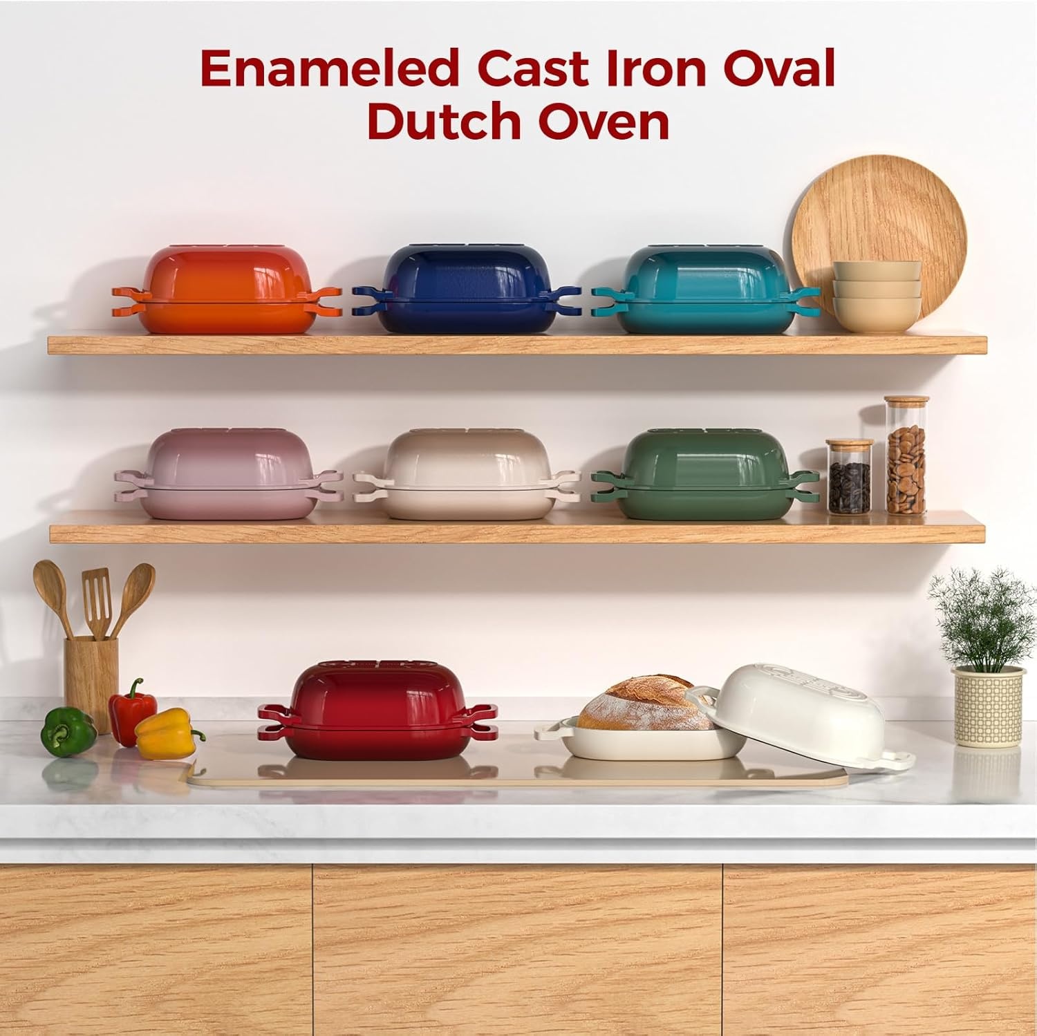 image:imageEnameled Cast Iron Dutch Oven Pot with Lid Wildone 55QT Bread Oven for Homemade Sourdough Bread Baking with Cotton Potholders Oven Safe up to 500F BlueRed