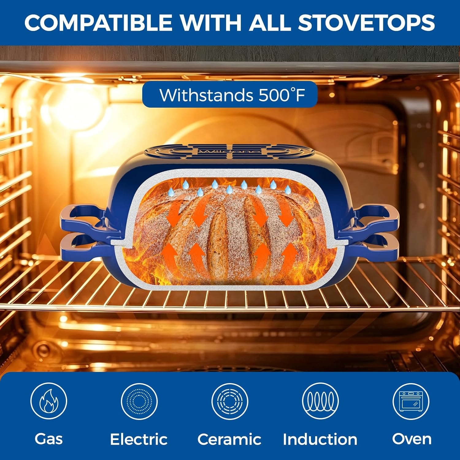 image:imageEnameled Cast Iron Dutch Oven Pot with Lid Wildone 55QT Bread Oven for Homemade Sourdough Bread Baking with Cotton Potholders Oven Safe up to 500F BlueBlue