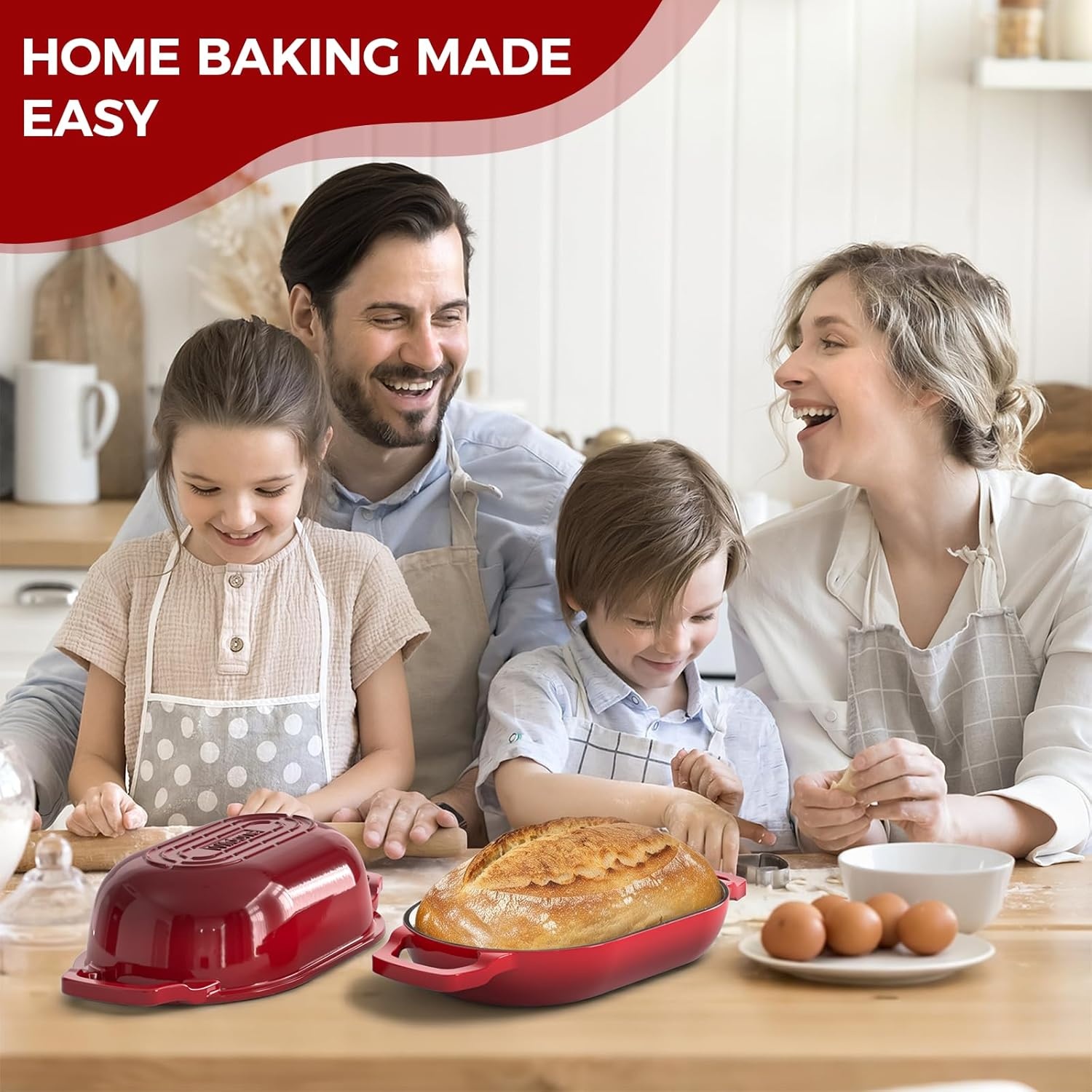 image:imageEnameled Cast Iron Dutch Oven Pot with Lid Wildone 55QT Bread Oven for Homemade Sourdough Bread Baking with Cotton Potholders Oven Safe up to 500F BlueRed
