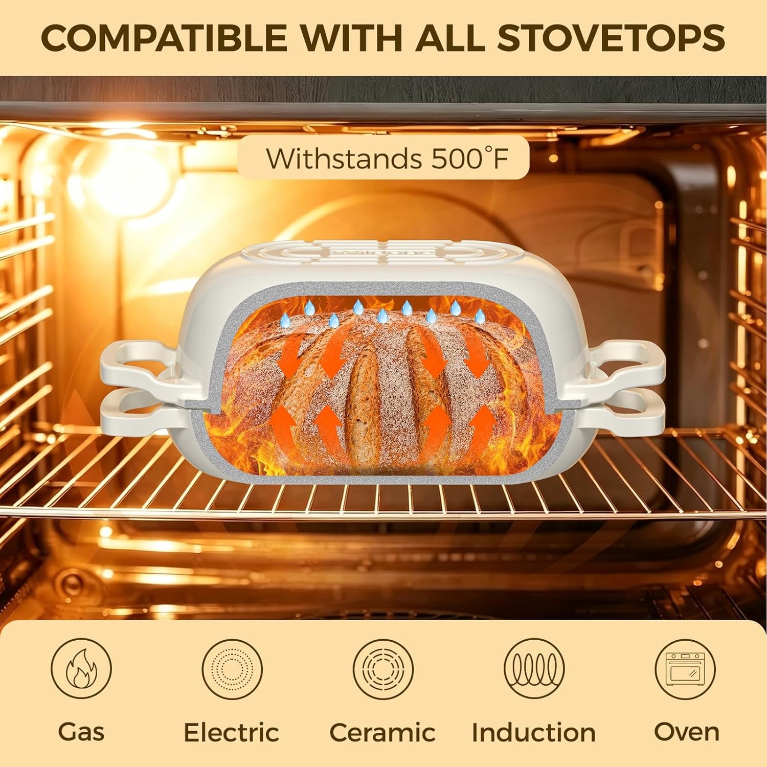 image:imageEnameled Cast Iron Dutch Oven Pot with Lid Wildone 55QT Bread Oven for Homemade Sourdough Bread Baking with Cotton Potholders Oven Safe up to 500F BlueCream White