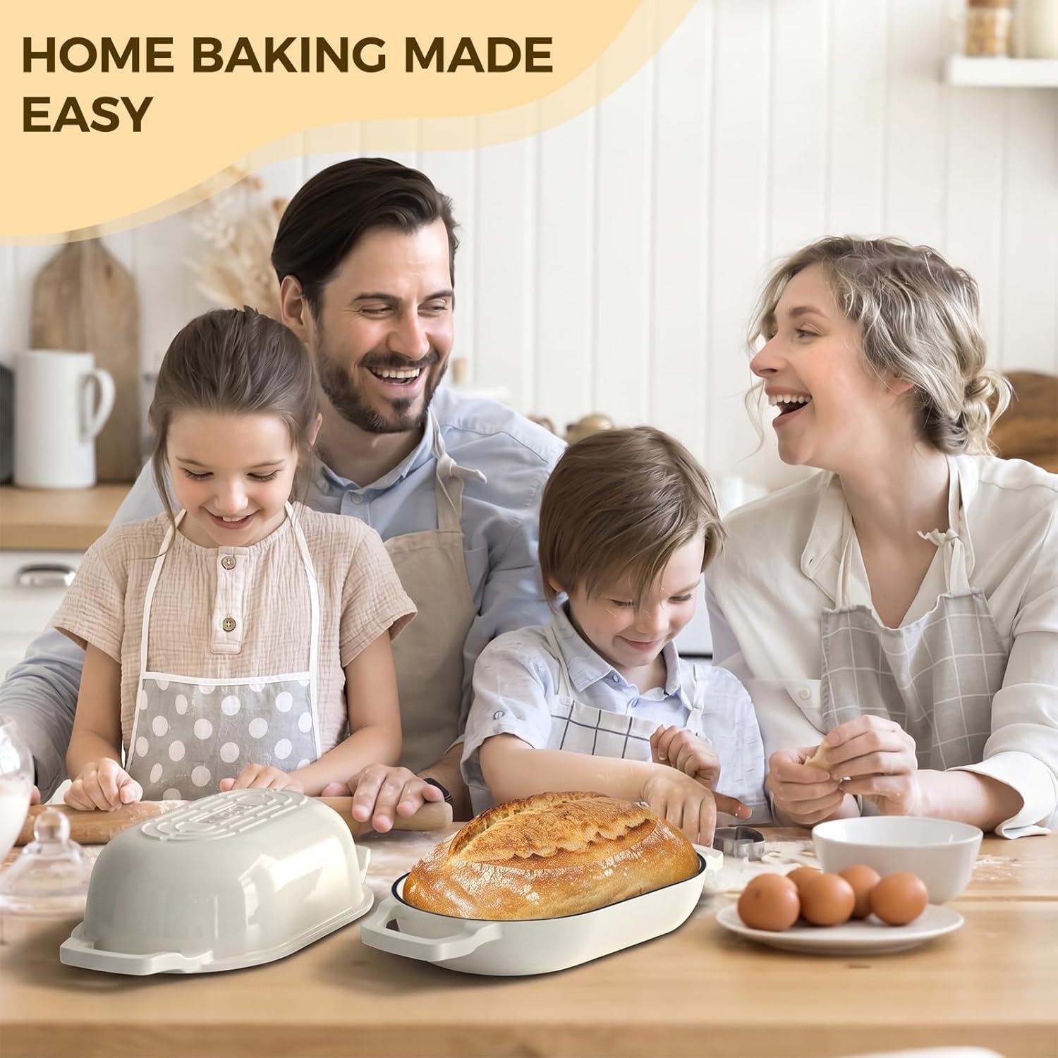 image:imageEnameled Cast Iron Dutch Oven Pot with Lid Wildone 55QT Bread Oven for Homemade Sourdough Bread Baking with Cotton Potholders Oven Safe up to 500F BlueCream White