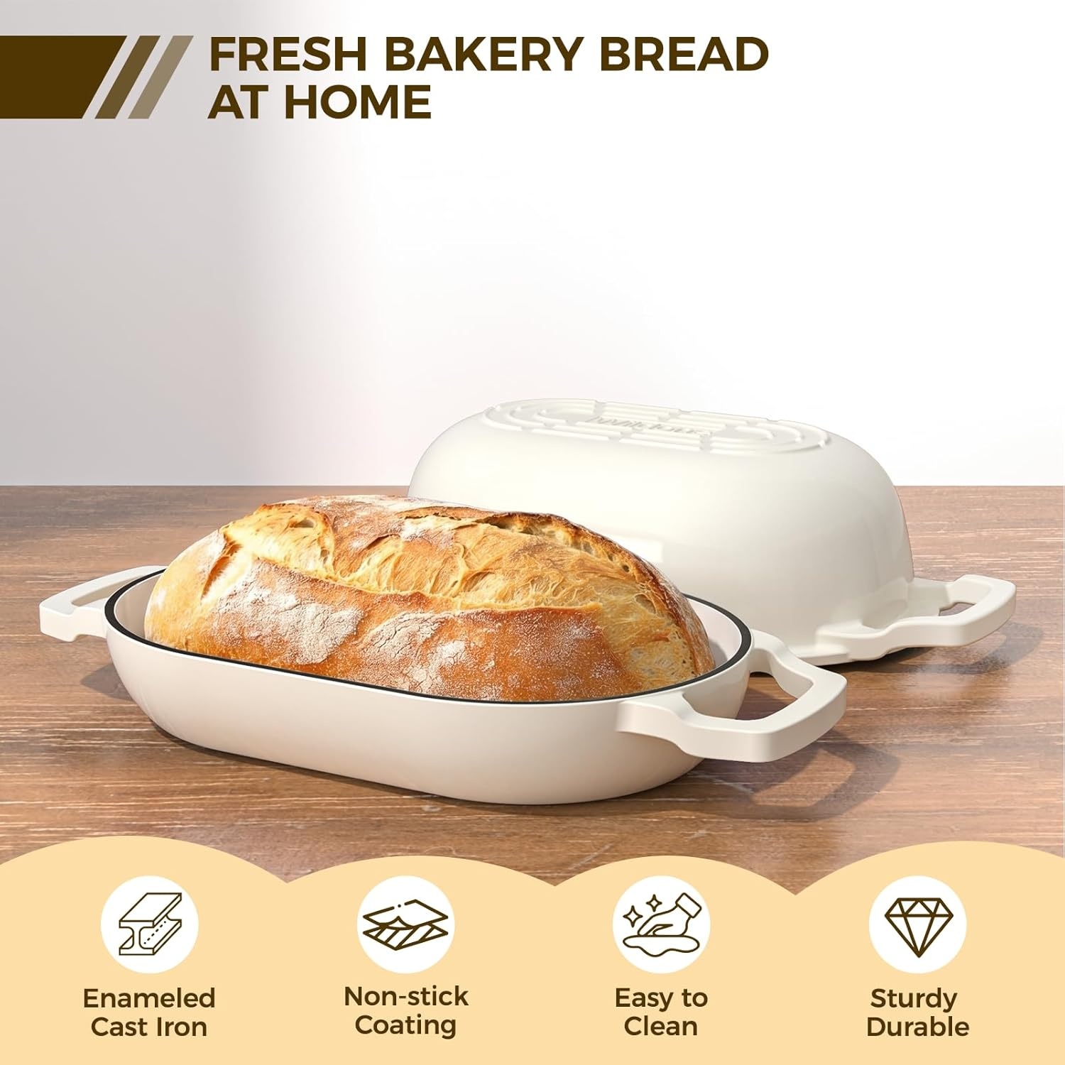 image:imageEnameled Cast Iron Dutch Oven Pot with Lid Wildone 55QT Bread Oven for Homemade Sourdough Bread Baking with Cotton Potholders Oven Safe up to 500F BlueCream White