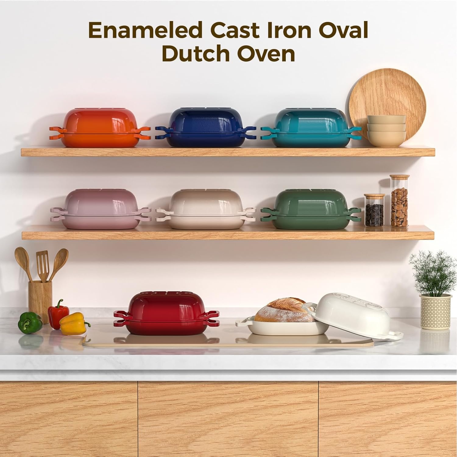 image:imageEnameled Cast Iron Dutch Oven Pot with Lid Wildone 55QT Bread Oven for Homemade Sourdough Bread Baking with Cotton Potholders Oven Safe up to 500F BlueCream White