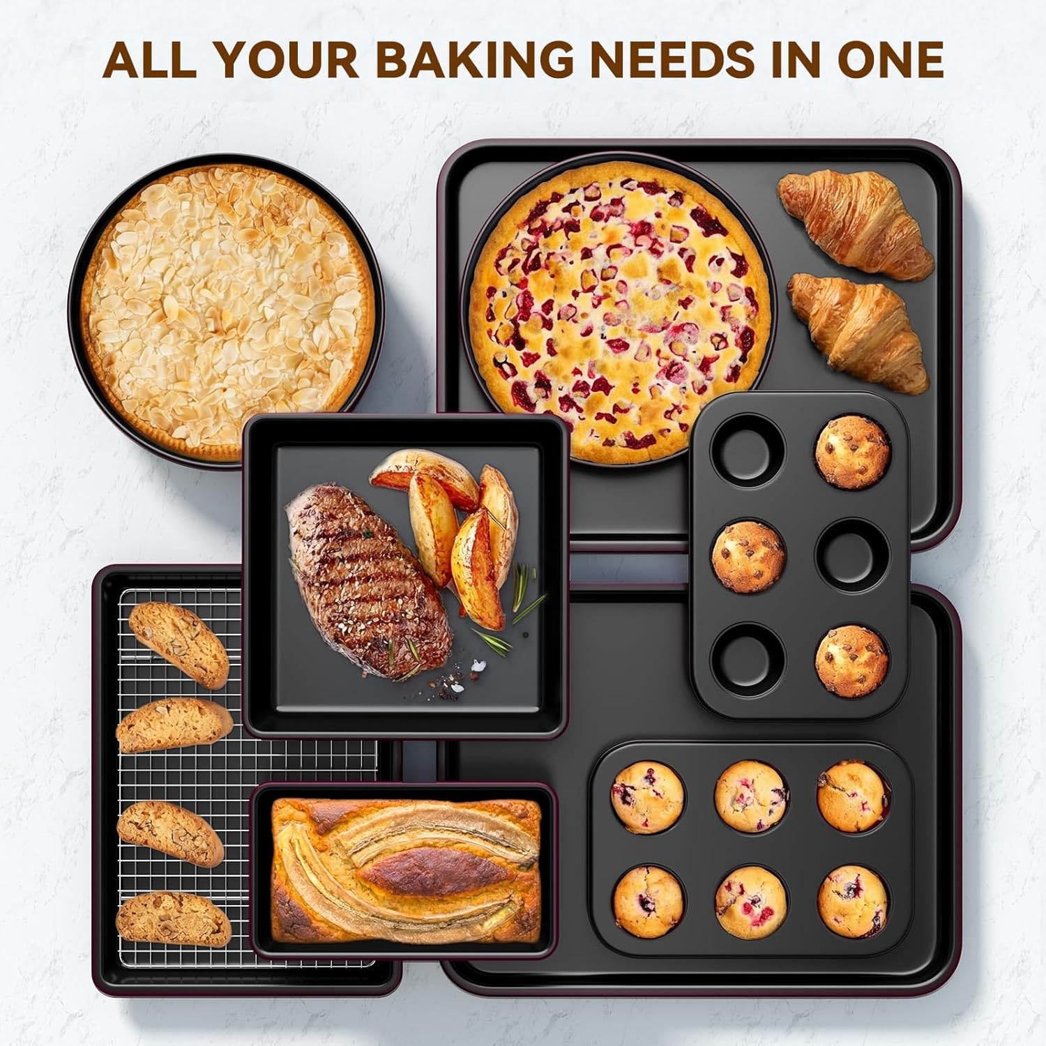 image:imageWildone 13Piece Baking Pans Set Nonstick Stackable Bakeware Sets Including Cookie Sheets for Baking Rack Muffin Pan Cake pan Loaf Pan Roasting Pan Heavy Duty amp Easy Clean PlumPlum