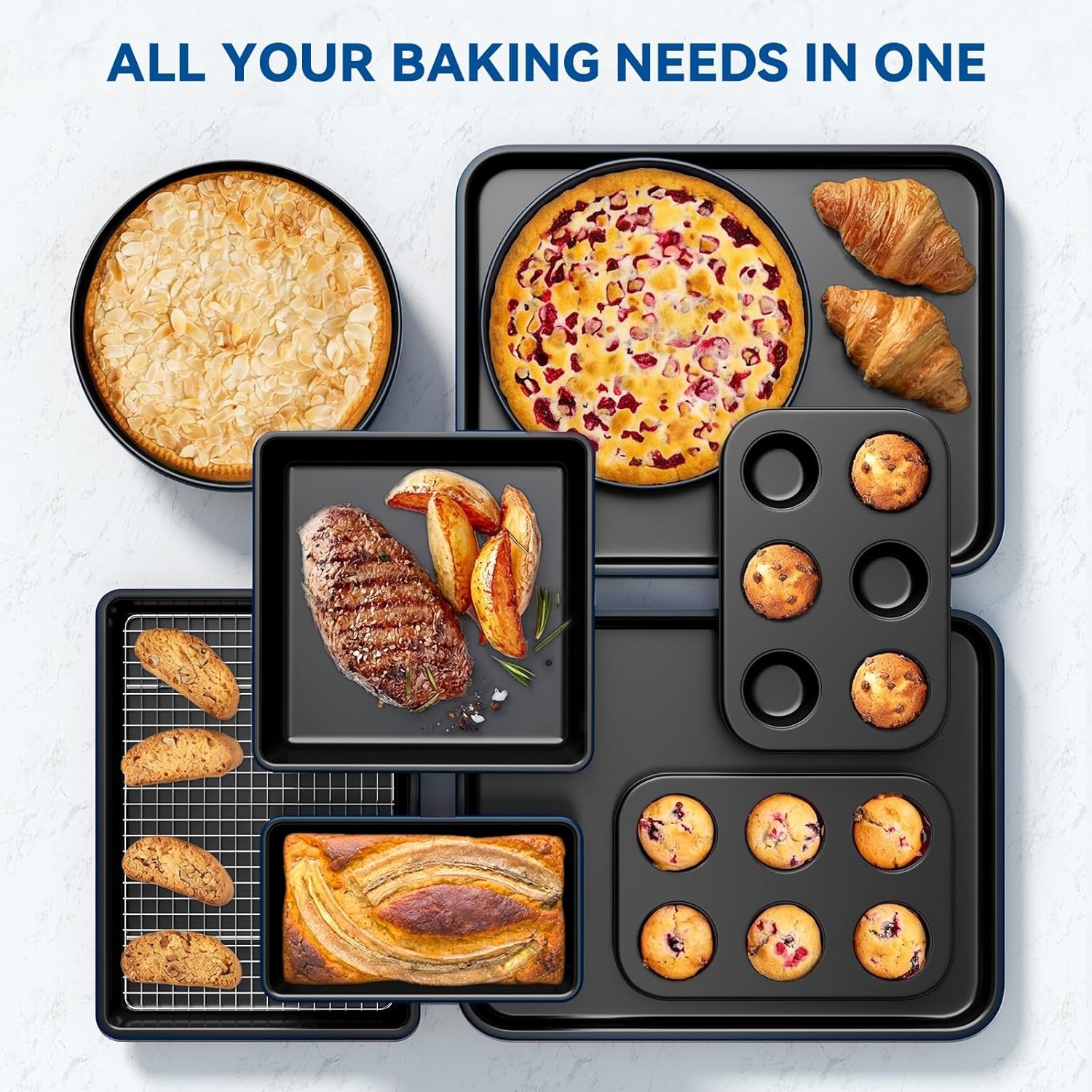 image:imageWildone 13Piece Baking Pans Set Nonstick Stackable Bakeware Sets Including Cookie Sheets for Baking Rack Muffin Pan Cake pan Loaf Pan Roasting Pan Heavy Duty amp Easy Clean PlumBlue