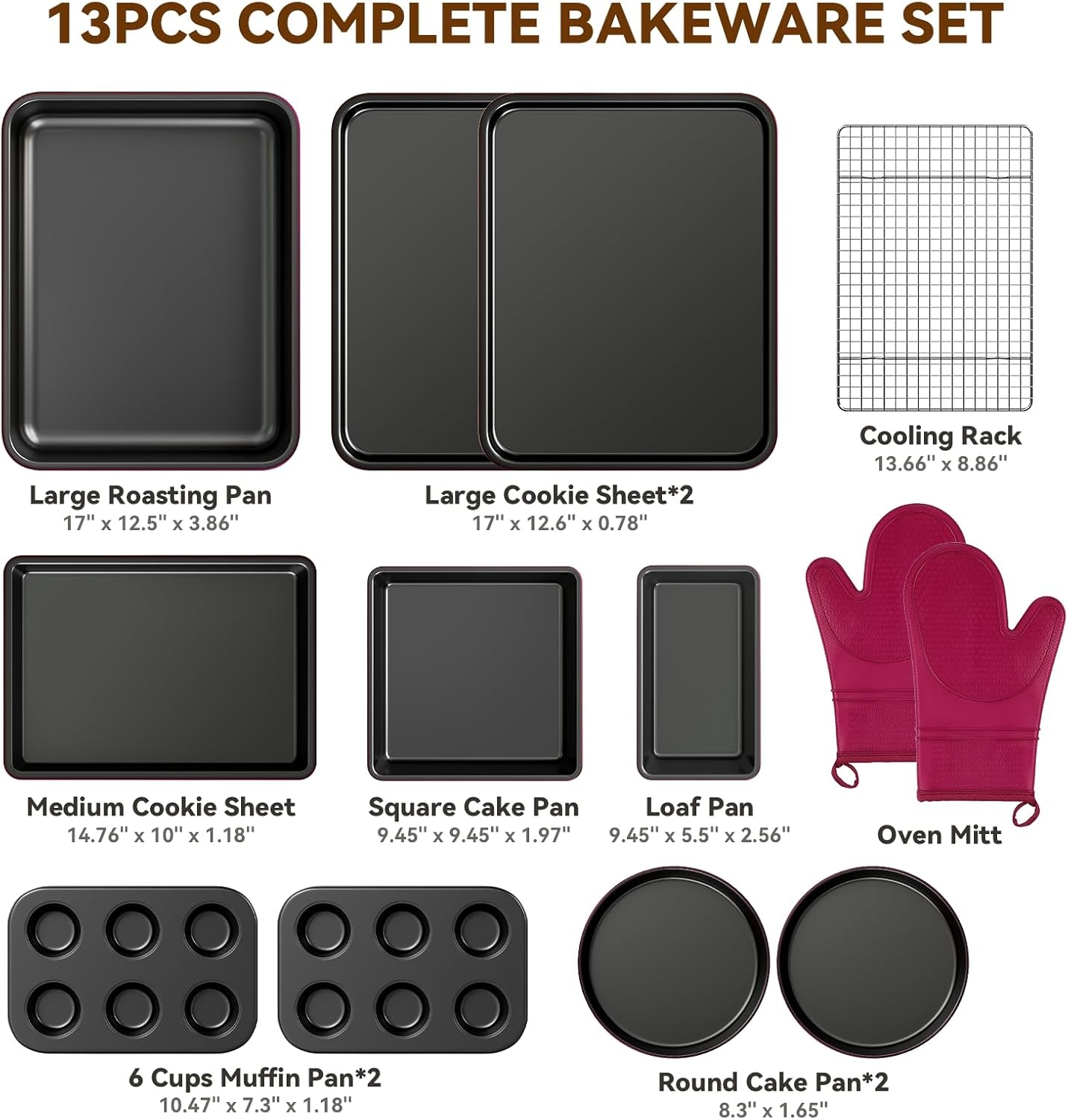 image:imageWildone 13Piece Baking Pans Set Nonstick Stackable Bakeware Sets Including Cookie Sheets for Baking Rack Muffin Pan Cake pan Loaf Pan Roasting Pan Heavy Duty amp Easy Clean PlumPlum