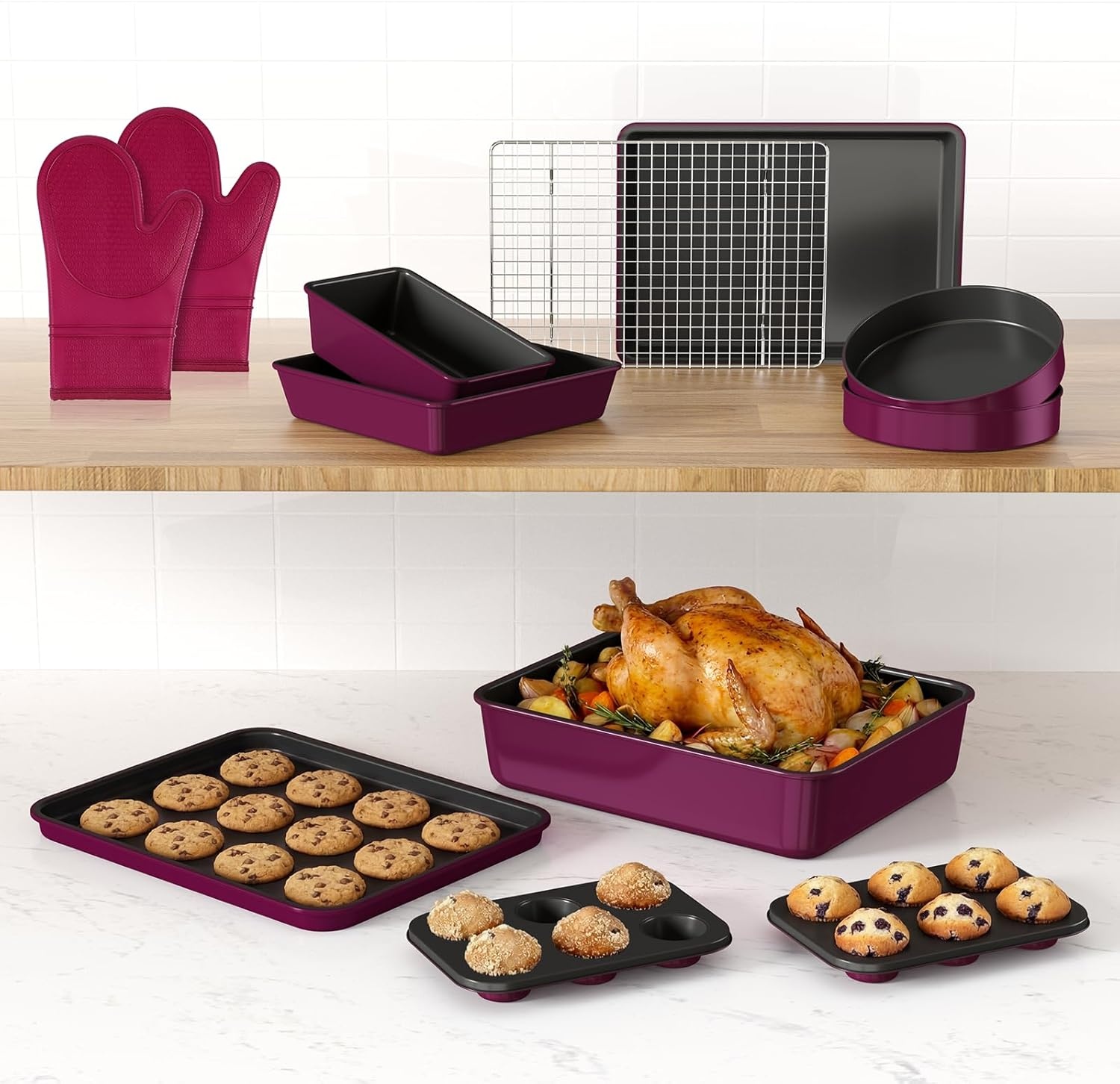 image:imageWildone 13Piece Baking Pans Set Nonstick Stackable Bakeware Sets Including Cookie Sheets for Baking Rack Muffin Pan Cake pan Loaf Pan Roasting Pan Heavy Duty amp Easy Clean PlumPlum