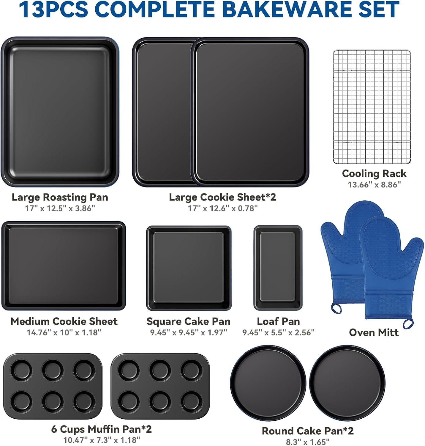 image:imageWildone 13Piece Baking Pans Set Nonstick Stackable Bakeware Sets Including Cookie Sheets for Baking Rack Muffin Pan Cake pan Loaf Pan Roasting Pan Heavy Duty amp Easy Clean PlumBlue