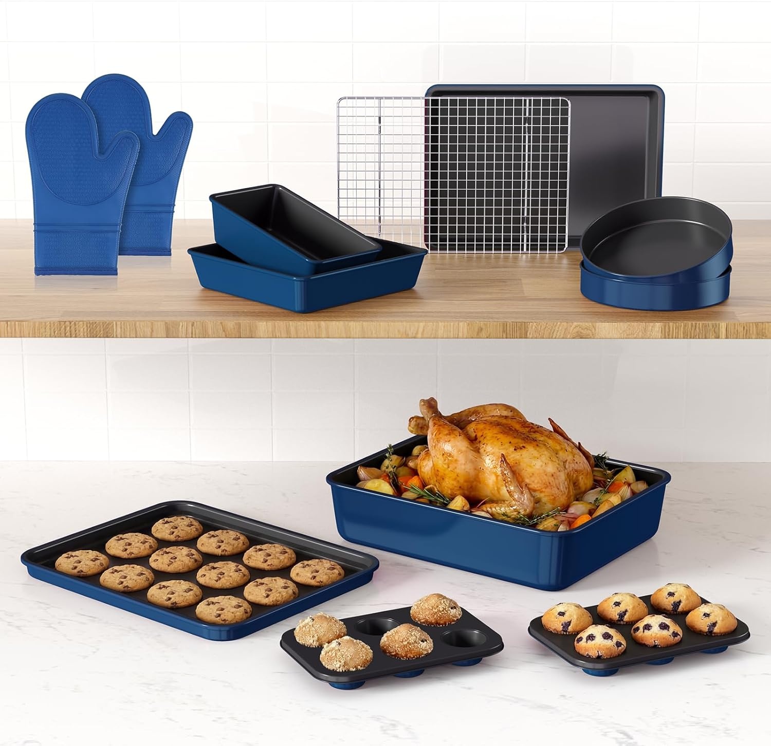 image:imageWildone 13Piece Baking Pans Set Nonstick Stackable Bakeware Sets Including Cookie Sheets for Baking Rack Muffin Pan Cake pan Loaf Pan Roasting Pan Heavy Duty amp Easy Clean PlumBlue