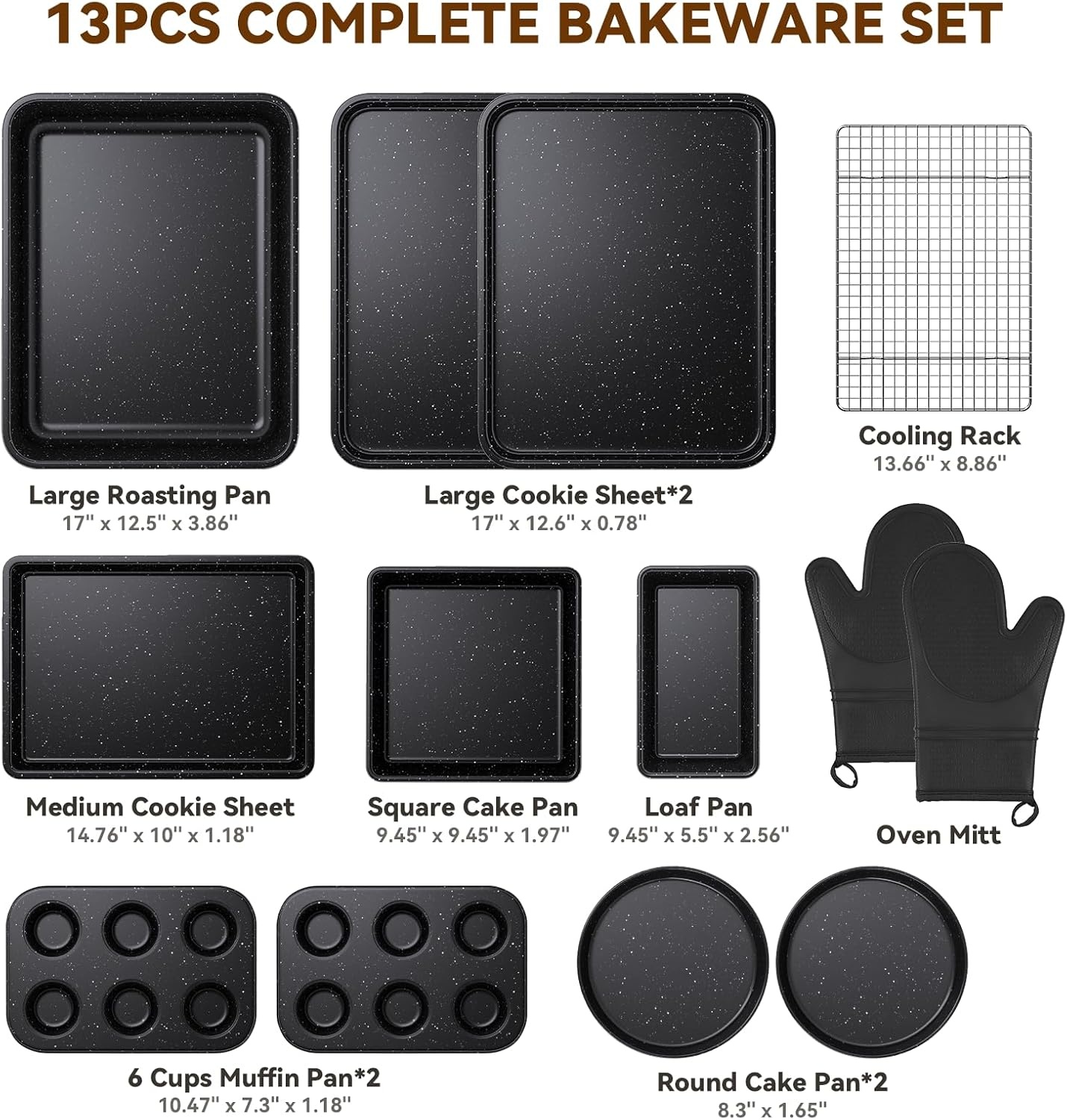 image:imageWildone 13Piece Baking Pans Set Nonstick Stackable Bakeware Sets Including Cookie Sheets for Baking Rack Muffin Pan Cake pan Loaf Pan Roasting Pan Heavy Duty amp Easy Clean PlumBlack