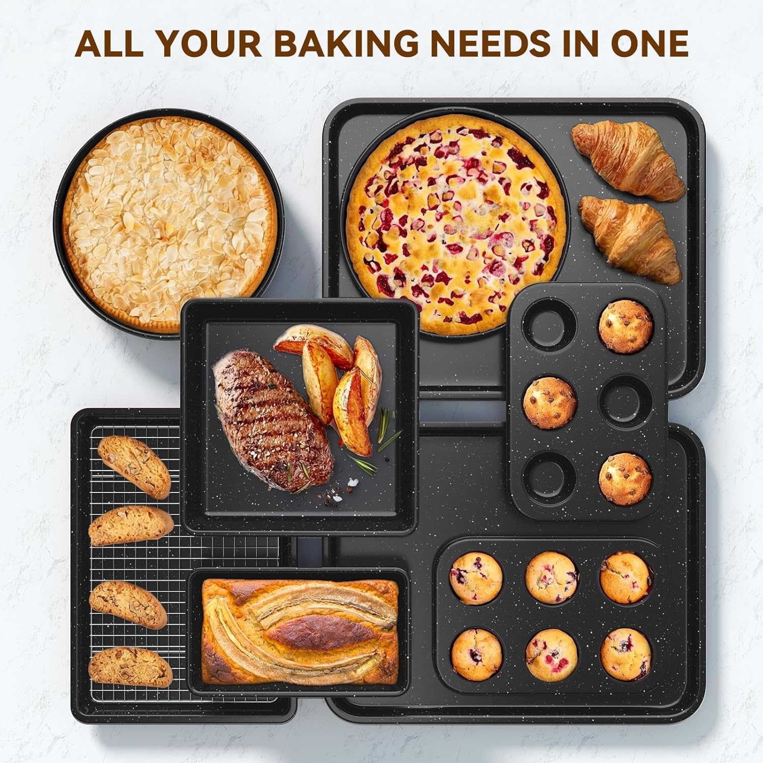 image:imageWildone 13Piece Baking Pans Set Nonstick Stackable Bakeware Sets Including Cookie Sheets for Baking Rack Muffin Pan Cake pan Loaf Pan Roasting Pan Heavy Duty amp Easy Clean PlumBlack