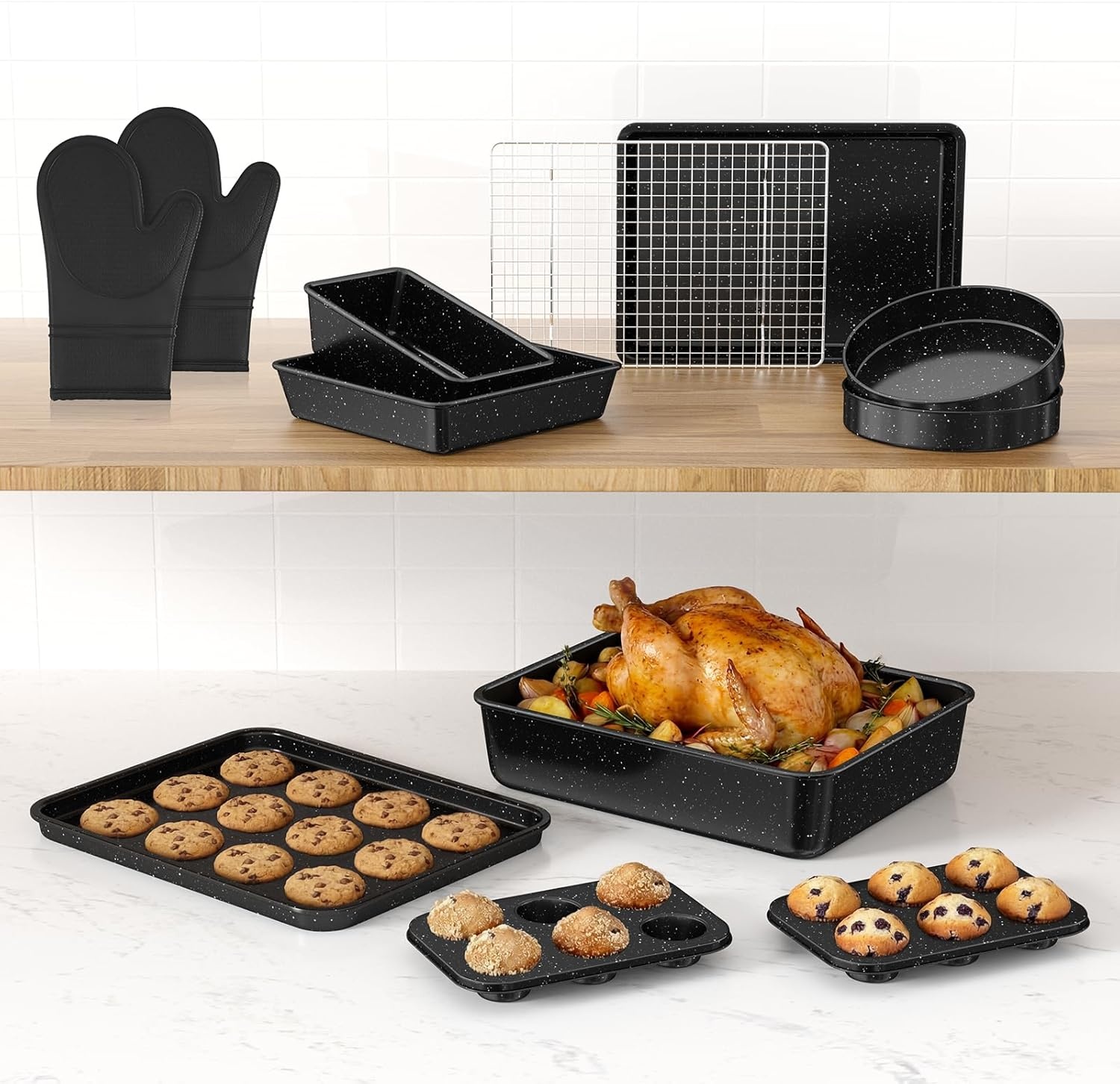 image:imageWildone 13Piece Baking Pans Set Nonstick Stackable Bakeware Sets Including Cookie Sheets for Baking Rack Muffin Pan Cake pan Loaf Pan Roasting Pan Heavy Duty amp Easy Clean PlumBlack