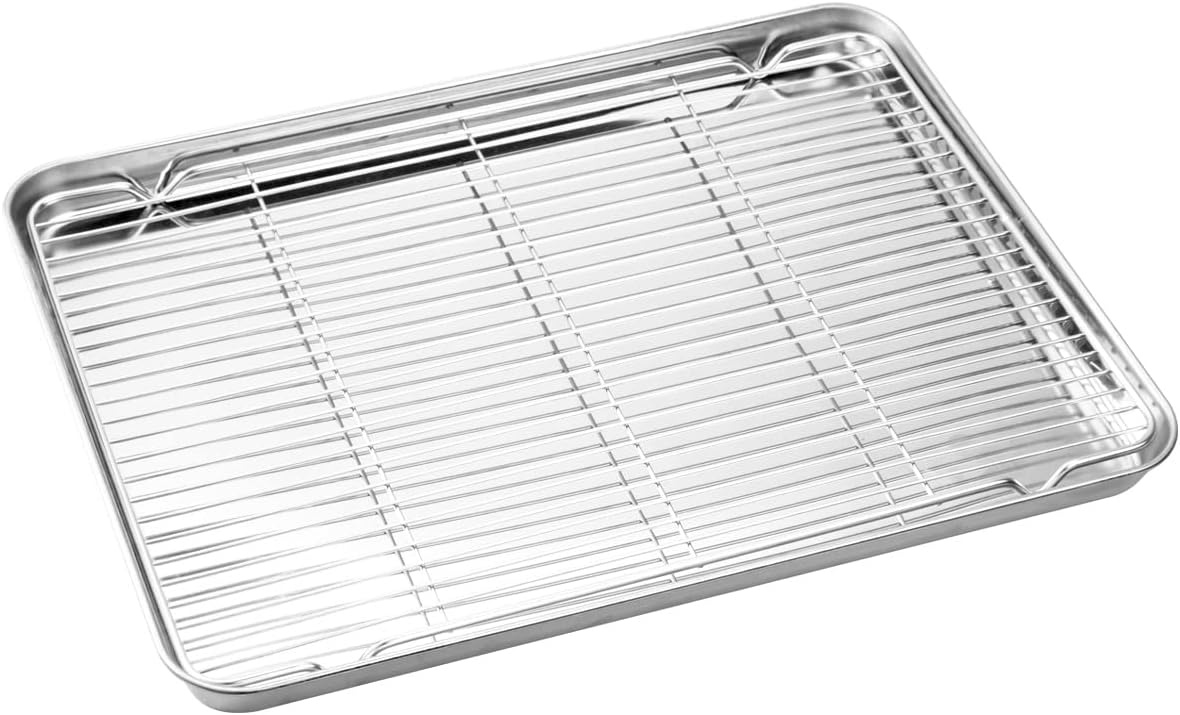 image:imageWildone Baking Sheet with Rack Set 2 Sheets 2 Racks Stainless Steel Cookie Pan baking Tray with Cooling Rack Size 10 x 8 x 1 Inch Non Toxic amp Heavy Duty amp Easy Clean16 x 12 x 1 inch