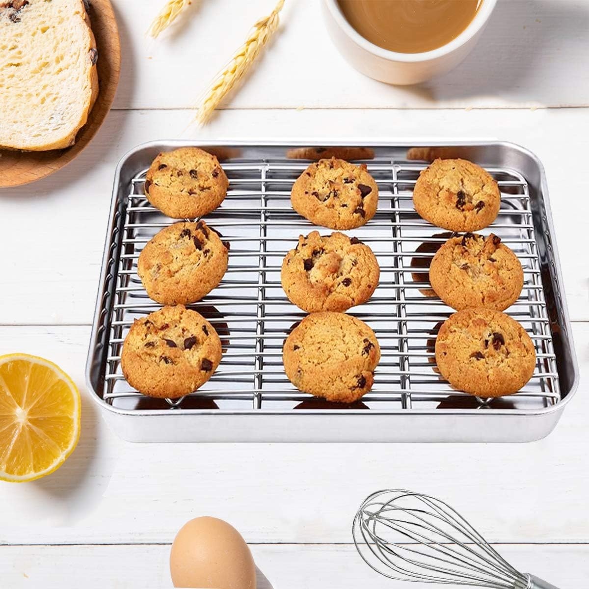 image:imageWildone Baking Sheet with Rack Set 2 Sheets 2 Racks Stainless Steel Cookie Pan baking Tray with Cooling Rack Size 10 x 8 x 1 Inch Non Toxic amp Heavy Duty amp Easy Clean9 x 7 x 1 inch